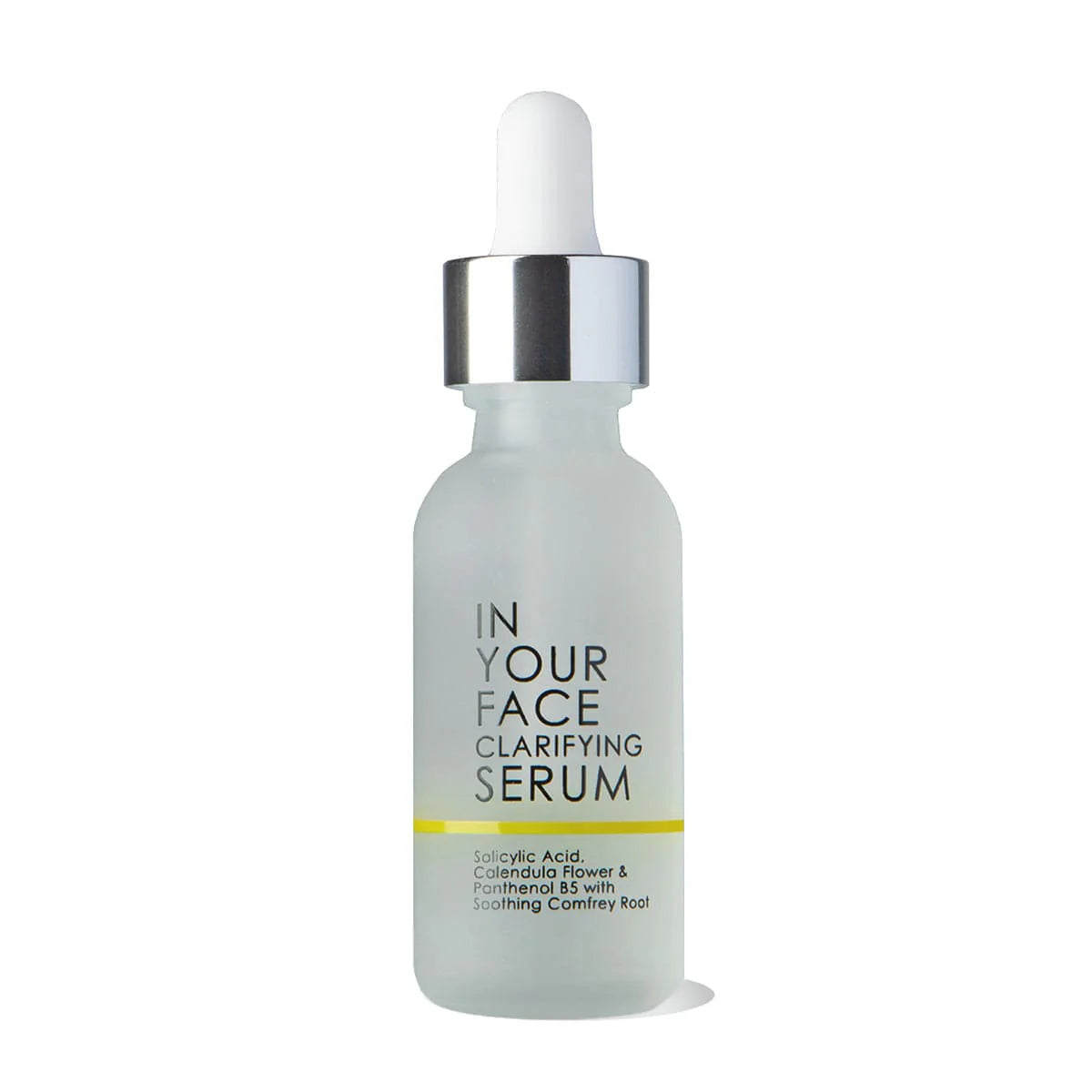 Serum bottle labeled 'In Your Face Clarifying Serum' on a white background