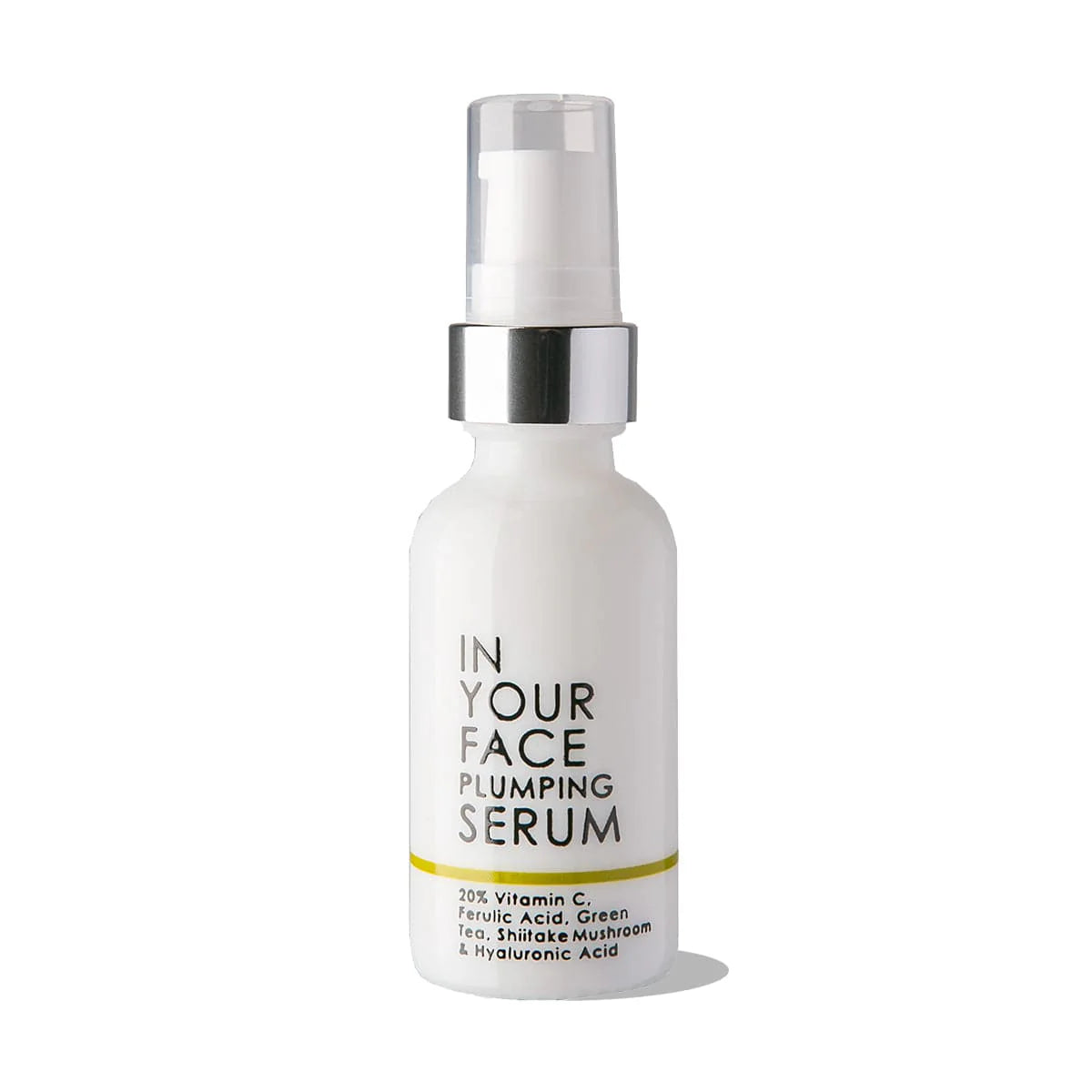 White serum bottle with silver cap on a white background