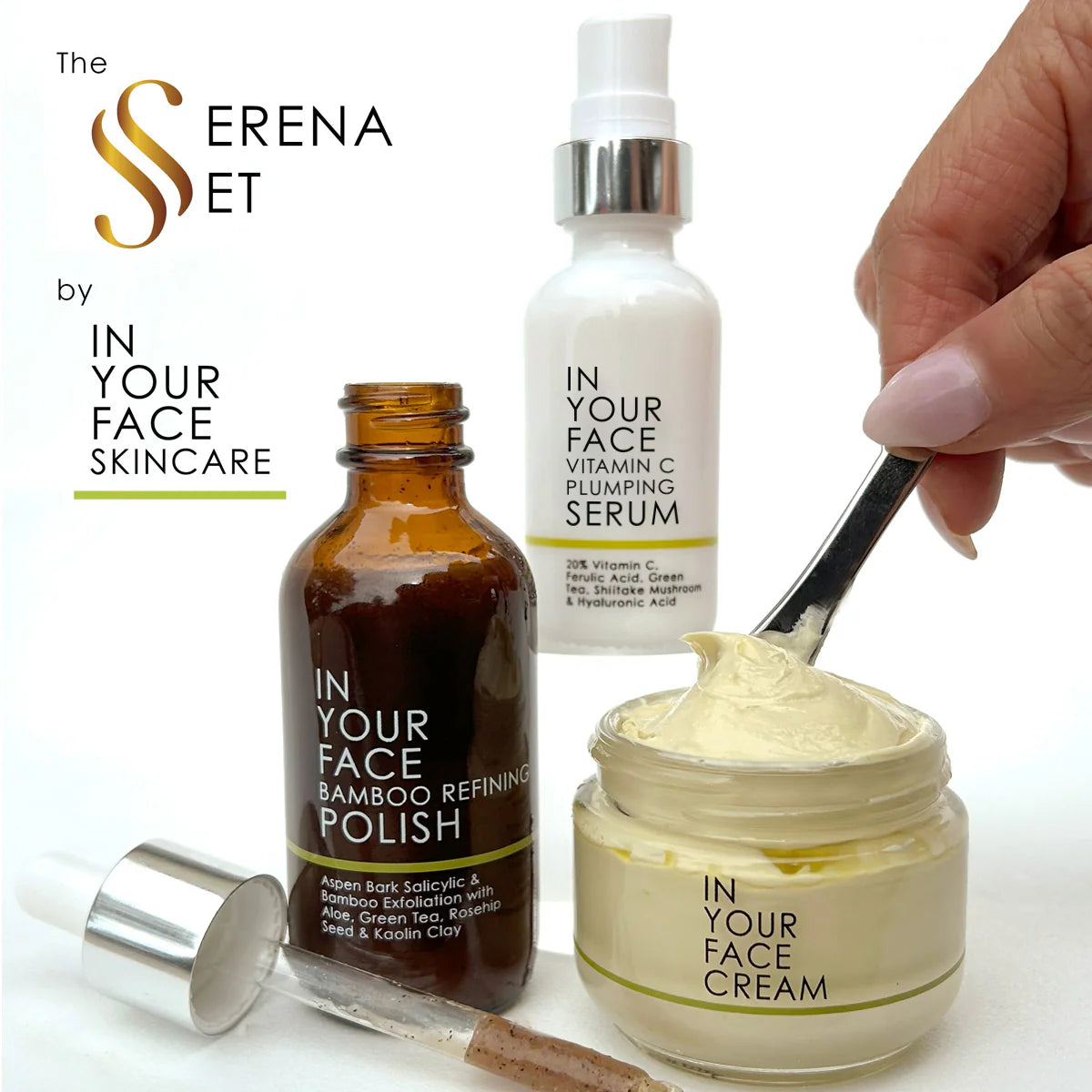 Collection of skincare products from 'In Your Face Skincare' including serum, polish, cream, and bamboo stick on a white background.