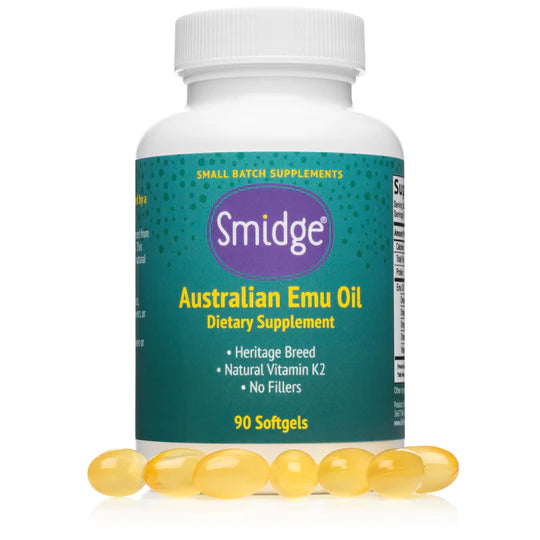 Smidge Emu Oil dietary supplement in a bottle containing 90 softgels, featuring benefits like heritage breed sourcing and natural Vitamin K2.