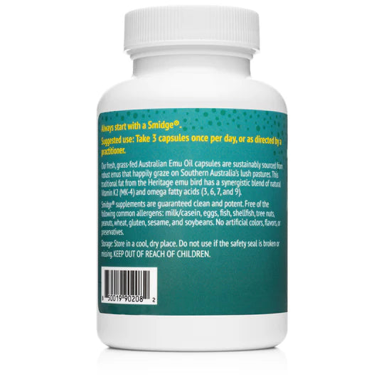 Smidge Emu Oil dietary supplement in a bottle containing 90 softgels, featuring benefits like heritage breed sourcing and natural Vitamin K2.