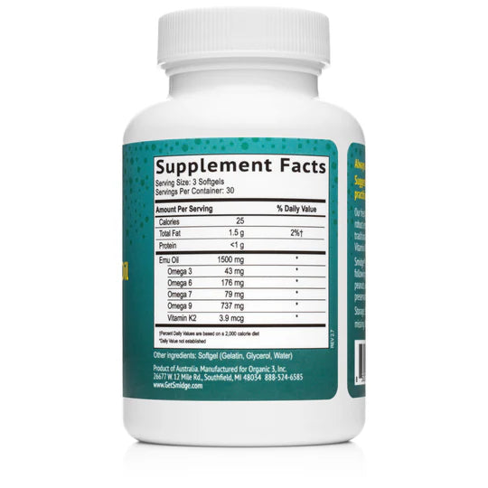 Smidge Emu Oil dietary supplement in a bottle containing 90 softgels, featuring benefits like heritage breed sourcing and natural Vitamin K2.