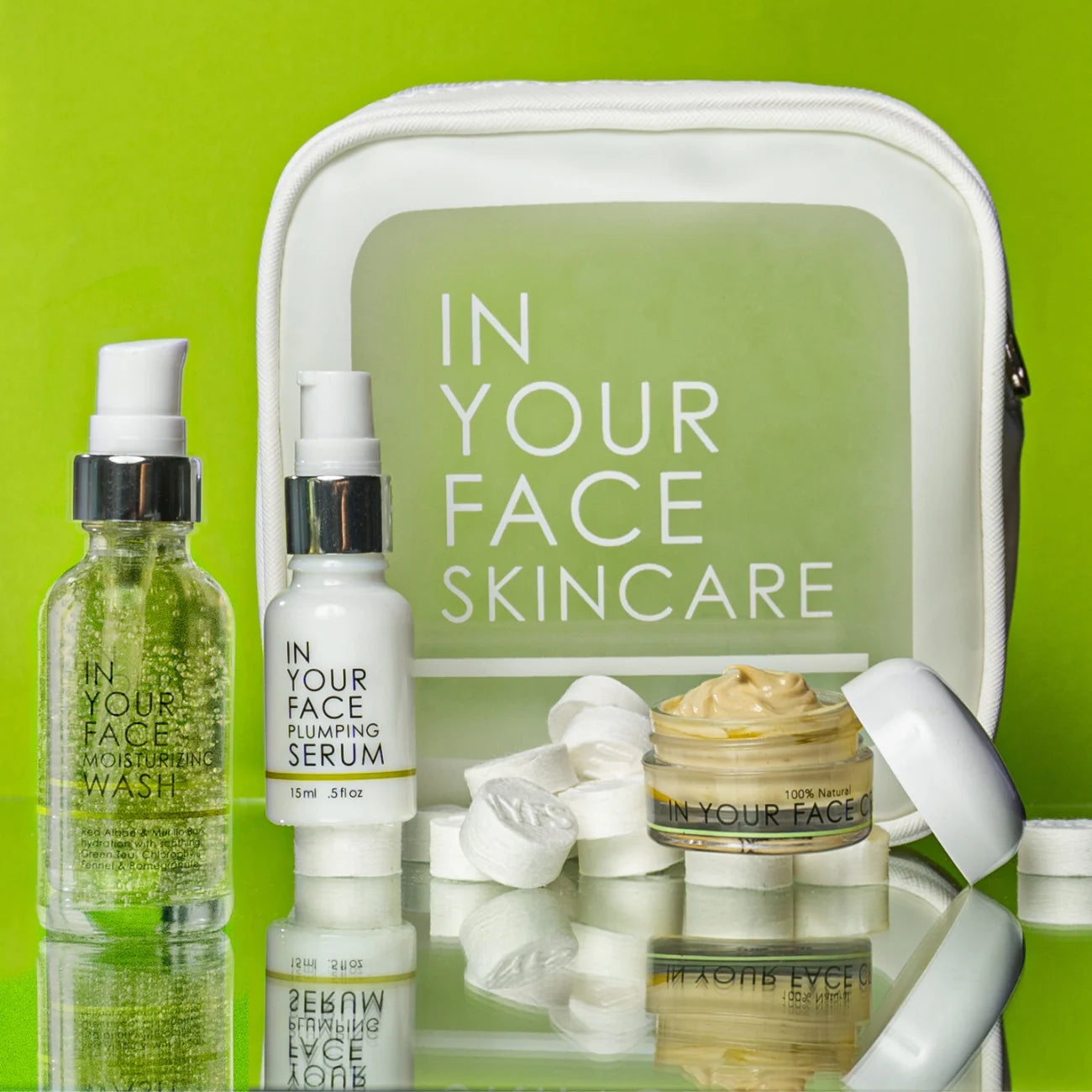 Skincare products with 'In Your Face Skincare' branding on a green background