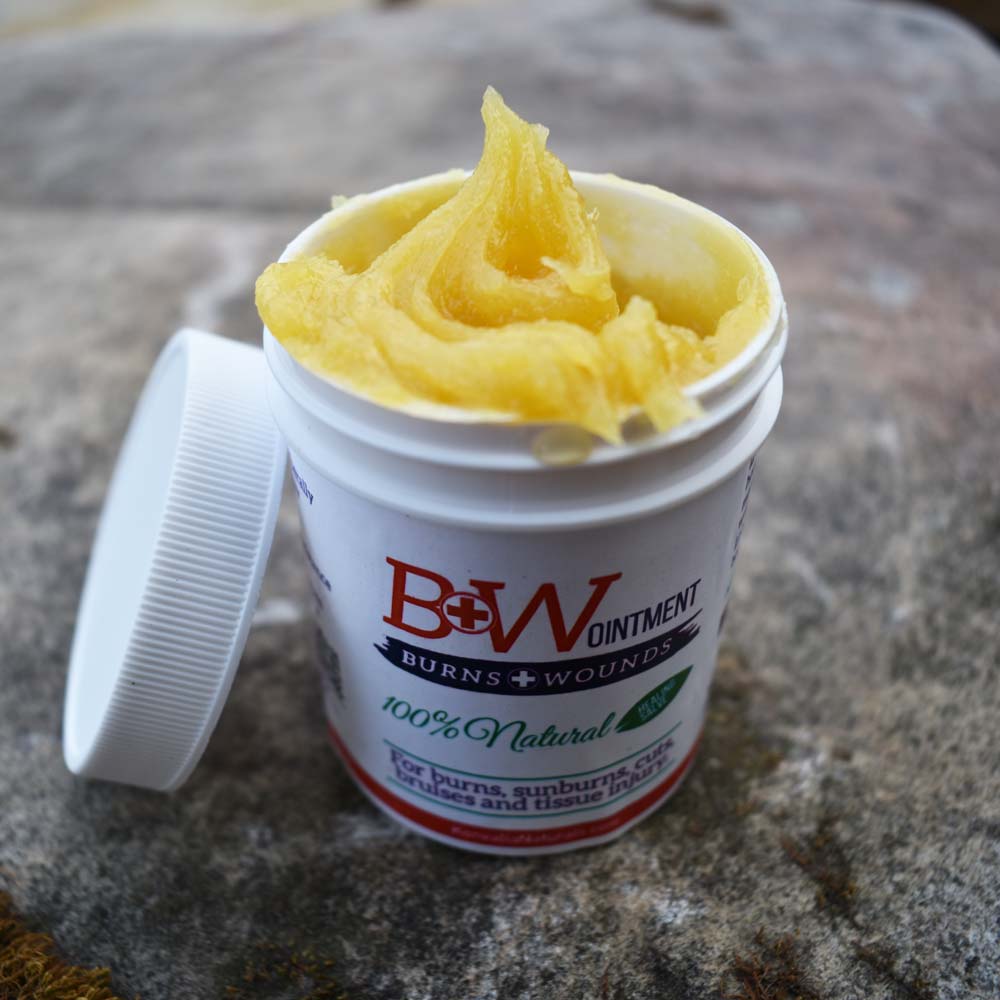 B&W Ointment for Burns and Wounds in 4 oz container, 100% natural healing salve designed for fast healing and pain relief from burns, cuts, scrapes, and more.