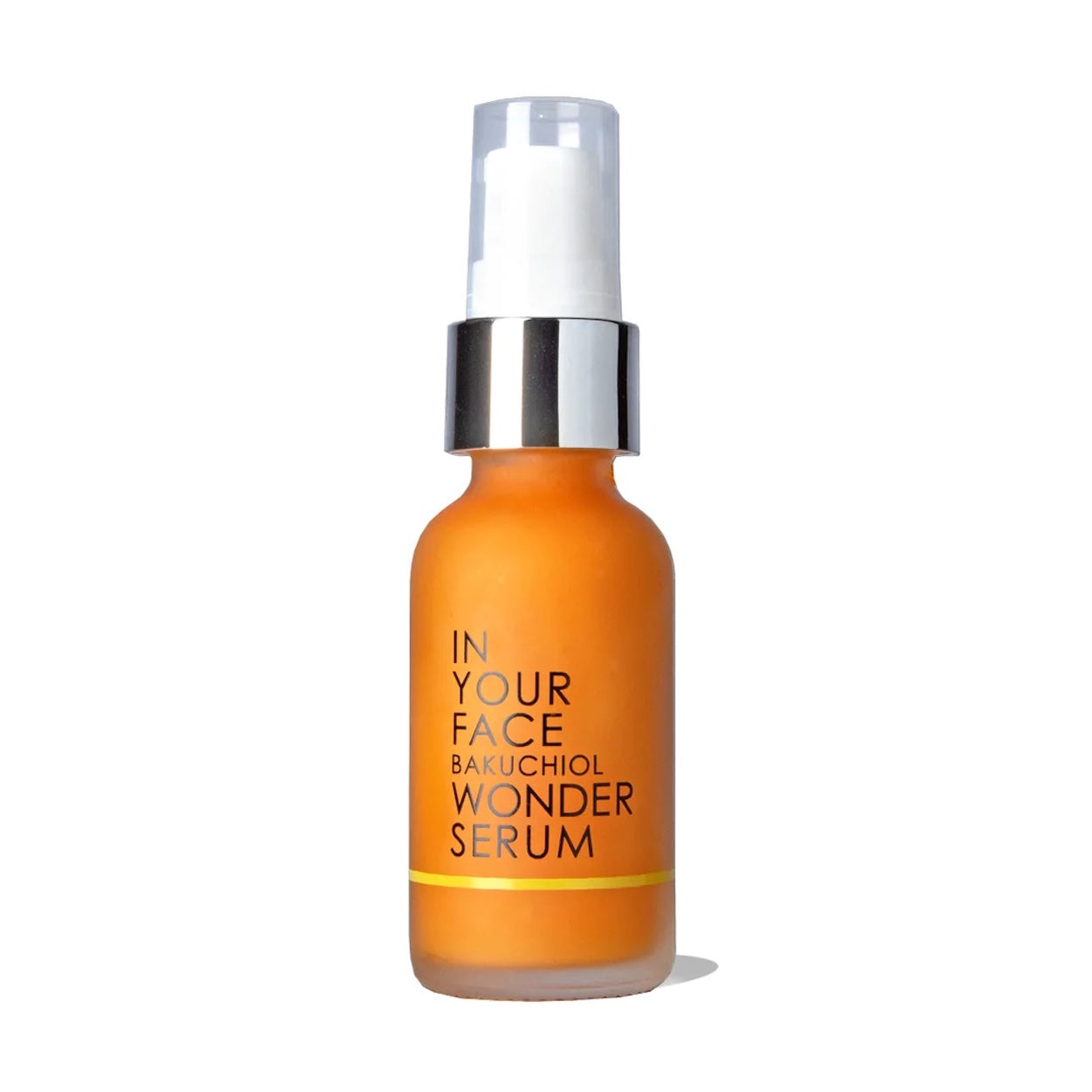 In Your Face Bakuchiol Wonder Serum in an orange glass bottle, formulated to promote youthful, radiant skin with natural botanicals.