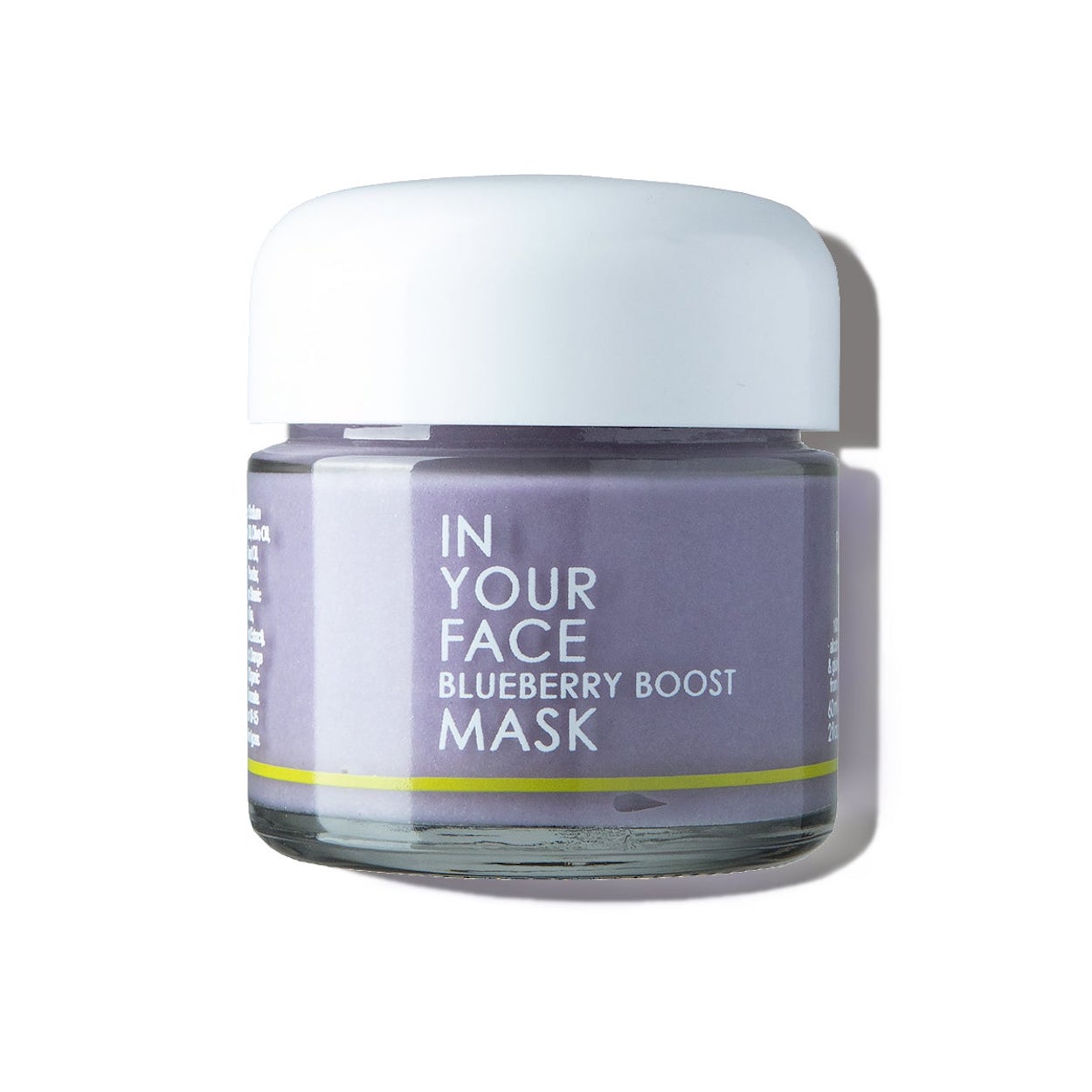 In Your Face Blueberry Boost Mask in a glass jar, enriched with antioxidant-rich blueberries for revitalizing and hydrating the skin.