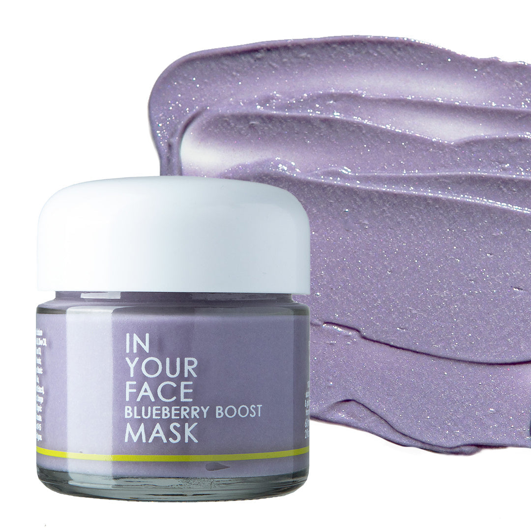 In Your Face Blueberry Boost Mask in a glass jar, enriched with antioxidant-rich blueberries for revitalizing and hydrating the skin.