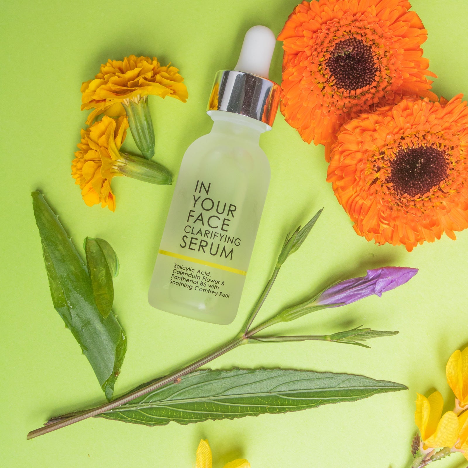 In Your Face Clarifying Serum in a frosted glass bottle, designed with salicylic acid and comfrey root to target blemishes.