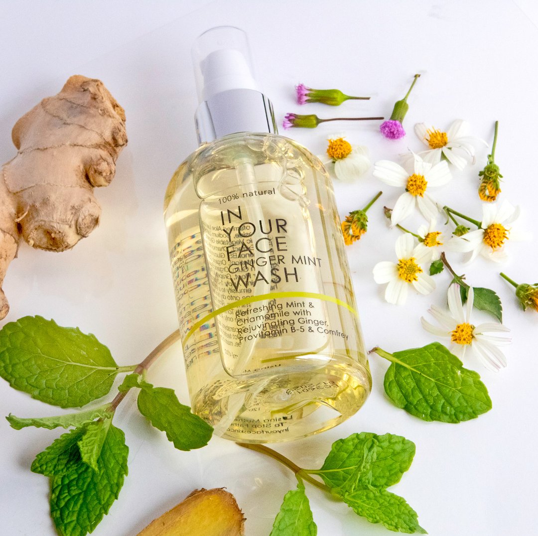 In Your Face Ginger Mint Wash in a clear bottle with a pump, designed for refreshing and cleansing the skin with natural mint and ginger.