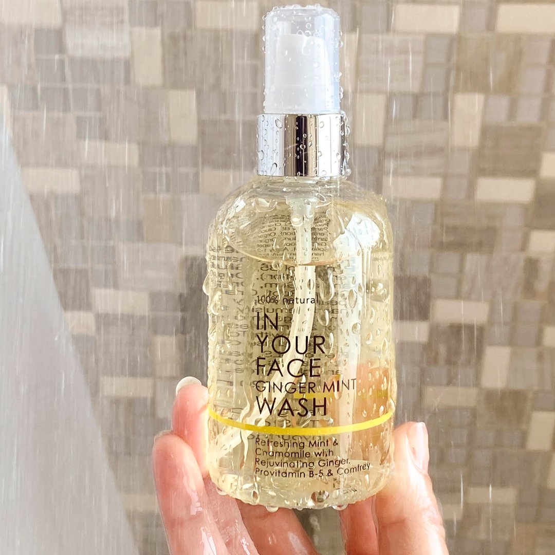 In Your Face Ginger Mint Wash in a clear bottle with a pump, designed for refreshing and cleansing the skin with natural mint and ginger.