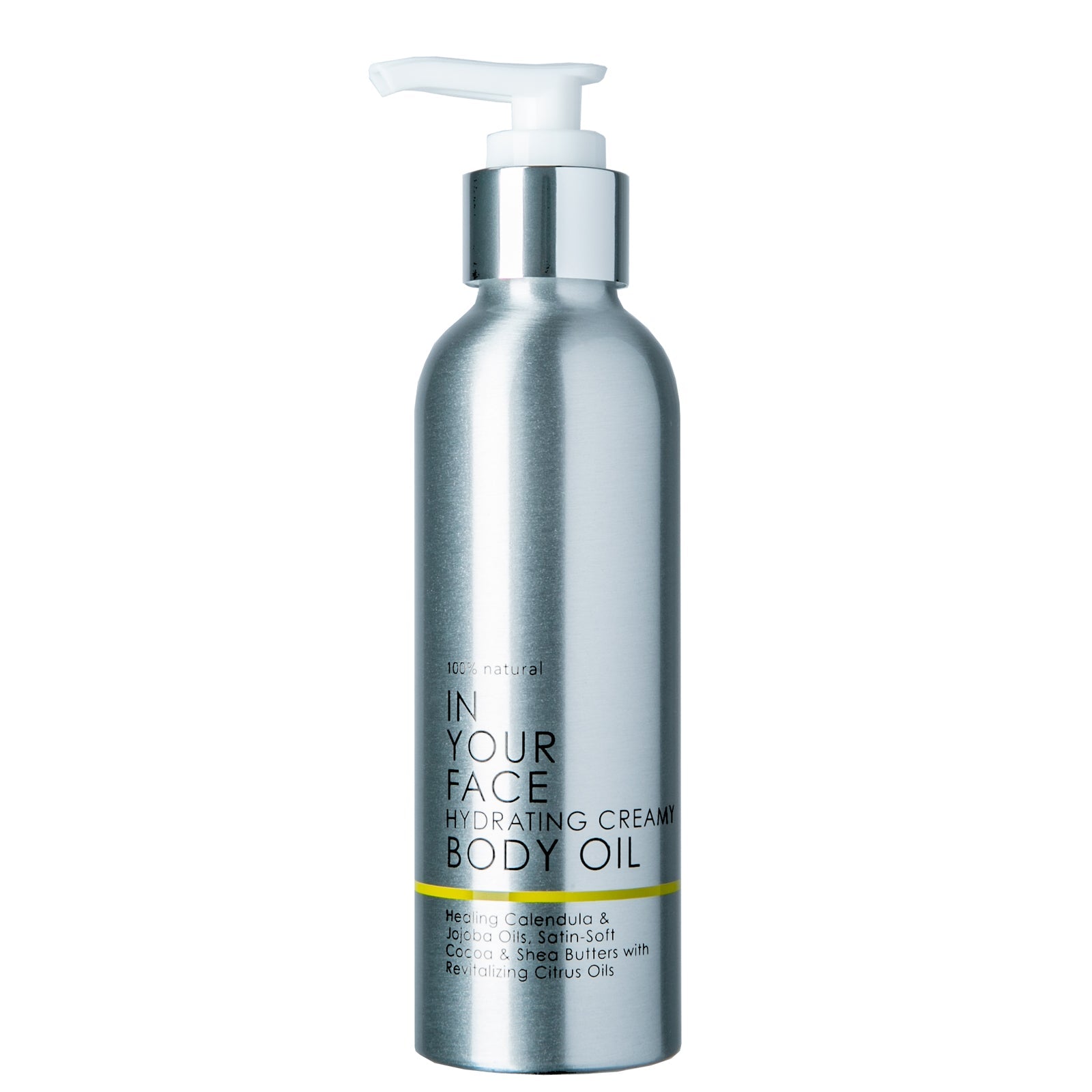 In Your Face Hydrating Creamy Body Oil in a sleek silver bottle with a pump, designed for nourishing and hydrating the skin with natural ingredients.