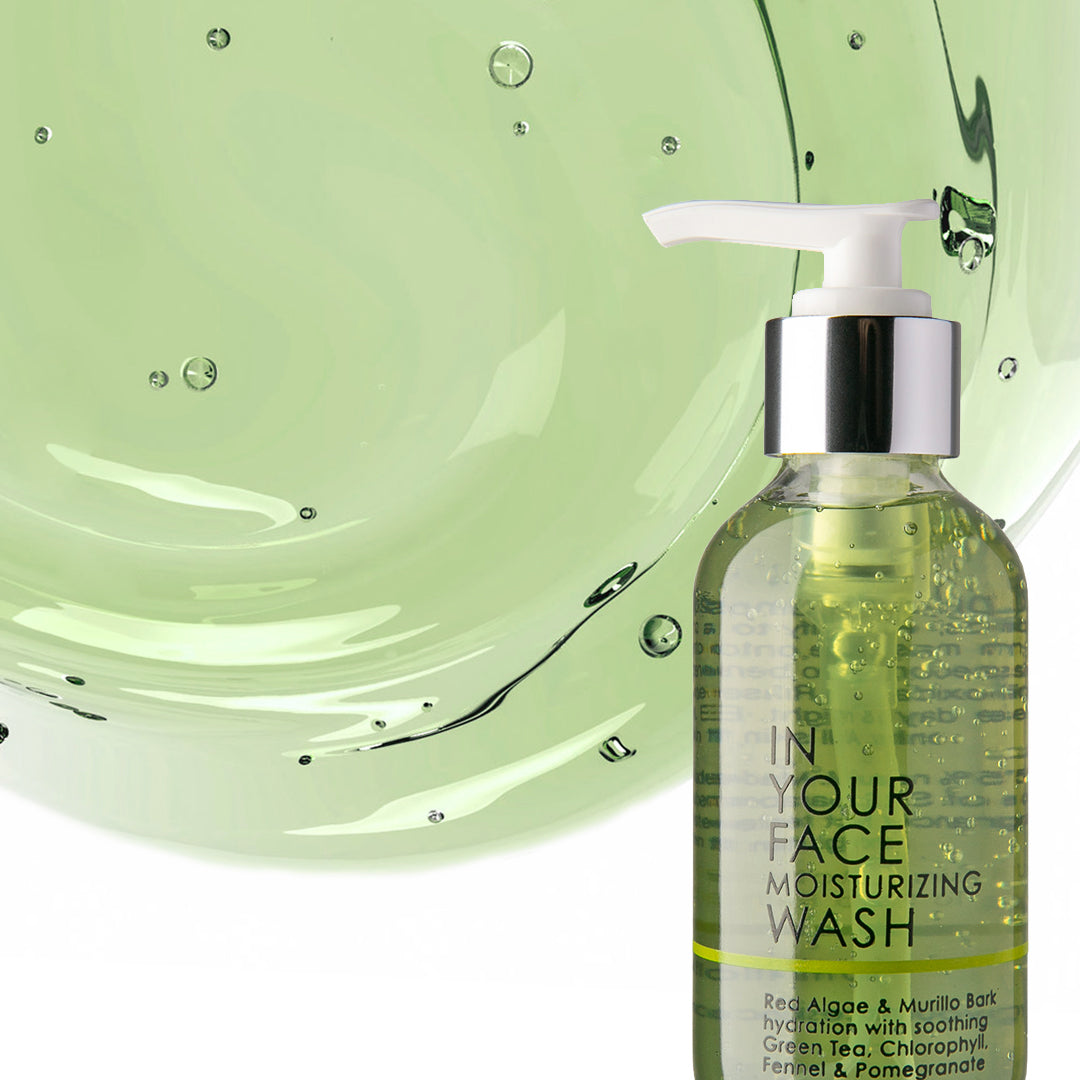 In Your Face Moisturizing Wash in a clear bottle with a pump, offering hydration with natural ingredients for a soft and clean skin feel.