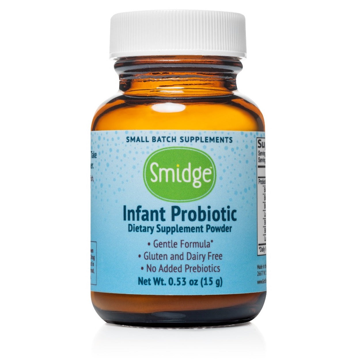 Smidge Infant Probiotic Powder in a 0.53 oz (15 g) amber jar, gentle formula for infants, gluten and dairy-free, with no added prebiotics.