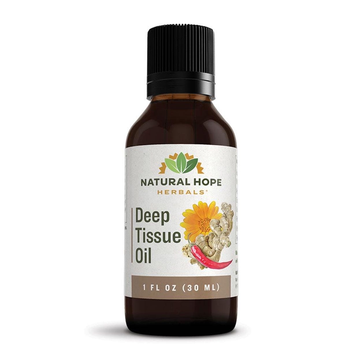 Natural Hope Herbals Deep Tissue Oil in 1 fl oz (30 ml) bottle, formulated with natural ingredients for deep muscle relief and soothing comfort.