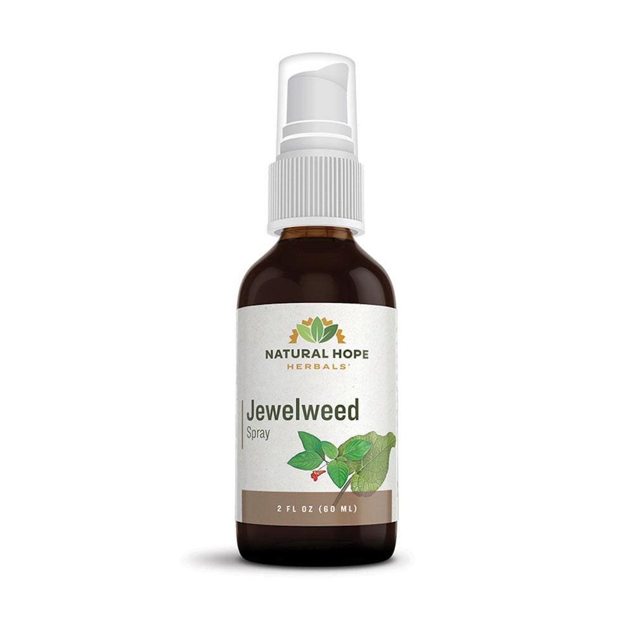 Natural Hope Herbals Jewelweed Spray in 2 fl oz (60 ml) bottle, designed for soothing skin irritations and insect bites with herbal ingredients.