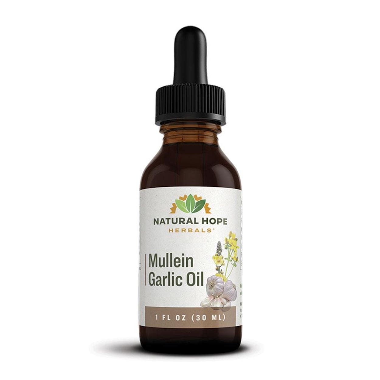 Natural Hope Herbals Mullein Garlic Oil in 1 fl oz (30 ml) bottle, formulated for ear and respiratory support using natural ingredients.