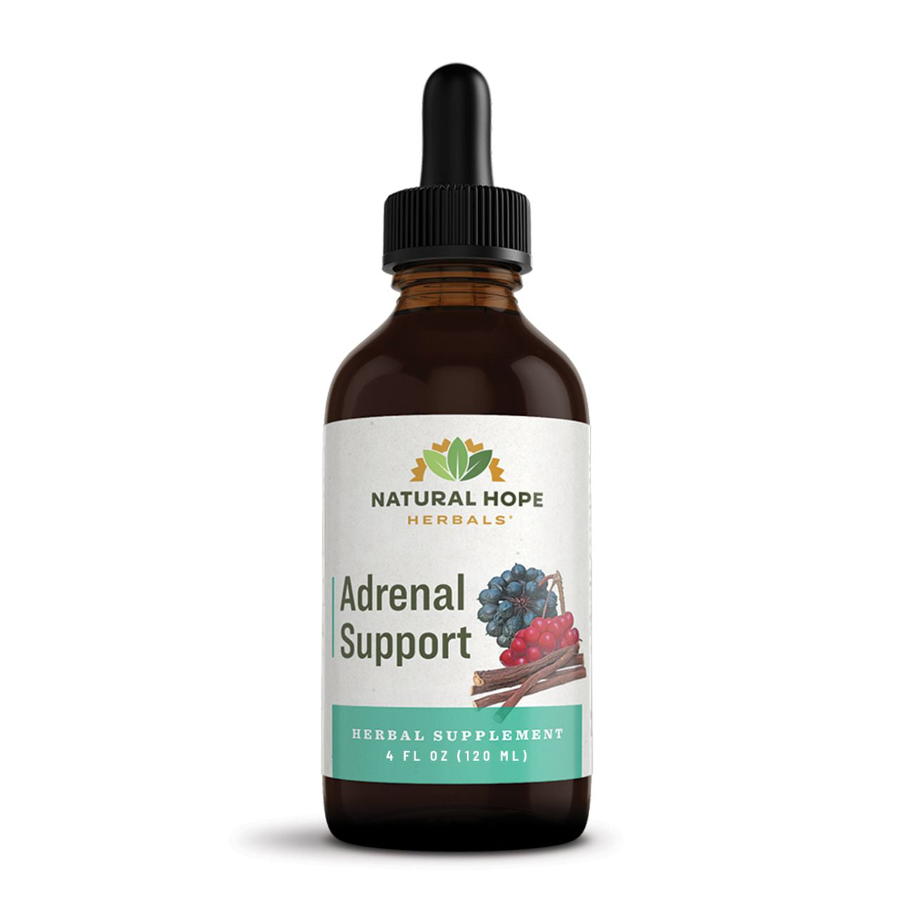 Natural Hope Herbals Adrenal Support herbal supplement in 4 fl oz (120 ml) dropper bottle, featuring natural ingredients for adrenal health support.