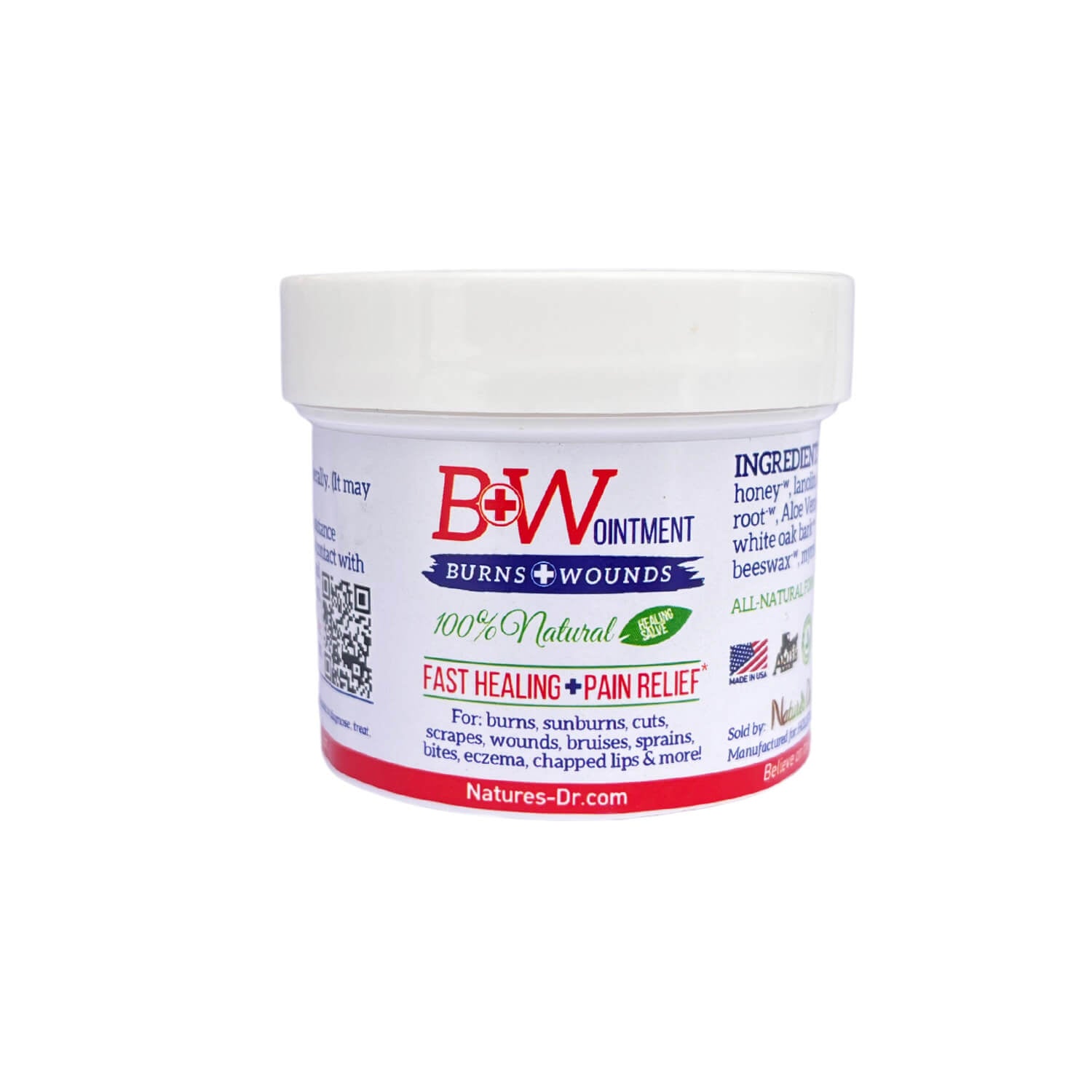 B&W Ointment for Burns and Wounds in 2 oz container, 100% natural healing salve designed for fast healing and pain relief from burns, cuts, scrapes, and more