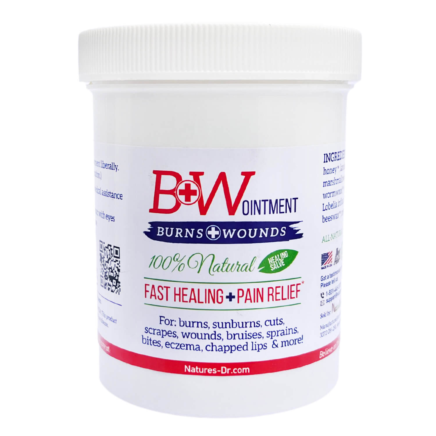 B&W Ointment for Burns and Wounds in 8 oz container, 100% natural healing salve designed for fast healing and pain relief from burns, cuts, scrapes, and more