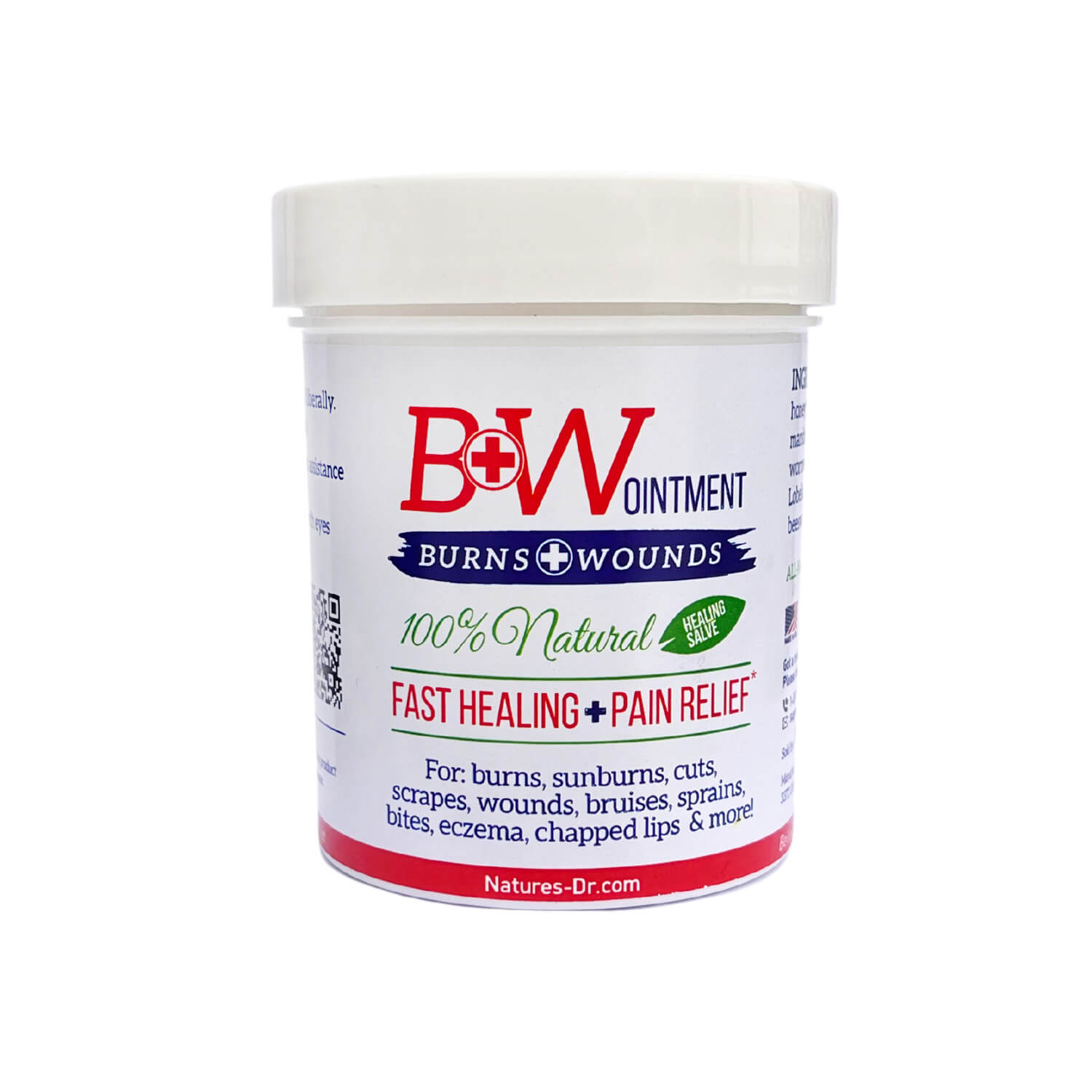 B&W Ointment for Burns and Wounds in 4 oz container, 100% natural healing salve designed for fast healing and pain relief from burns, cuts, scrapes, and more.