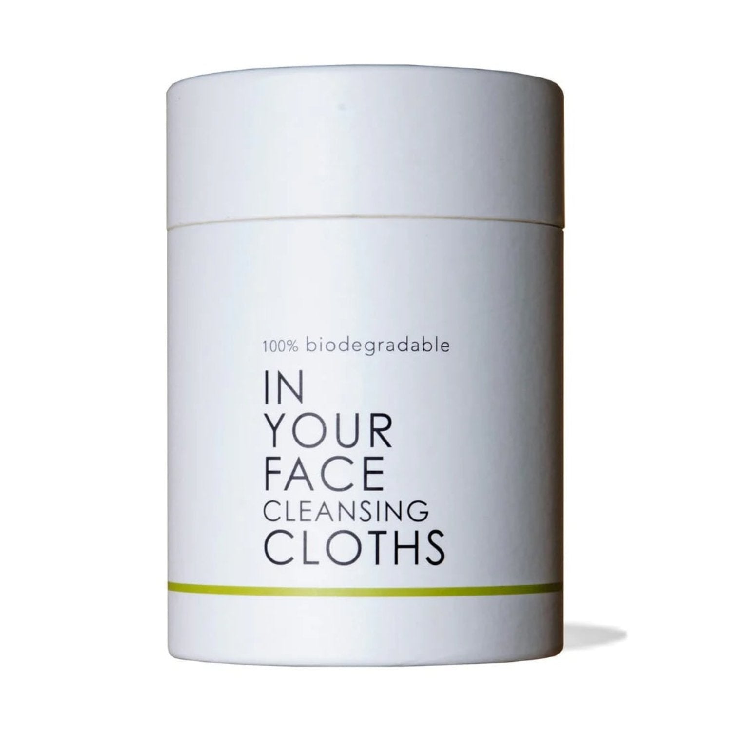 Tube packaging of In Your Face Cleansing Cloths, 100% biodegradable, offering an eco-friendly solution for effective and gentle skin cleansing.