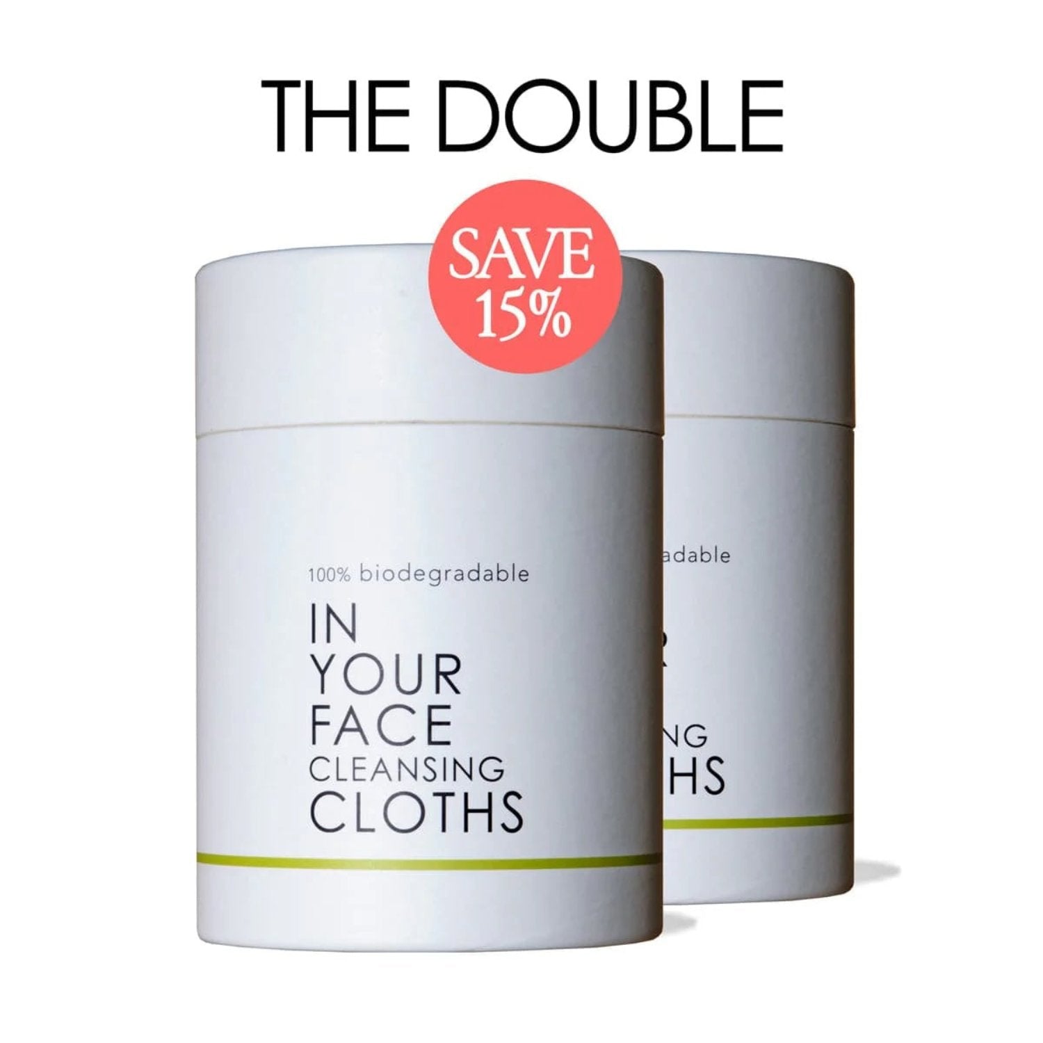 Set of two In Your Face Cleansing Cloths packs with a ‘Save 15%’ badge, highlighting a bundle deal for eco-friendly skincare lovers.