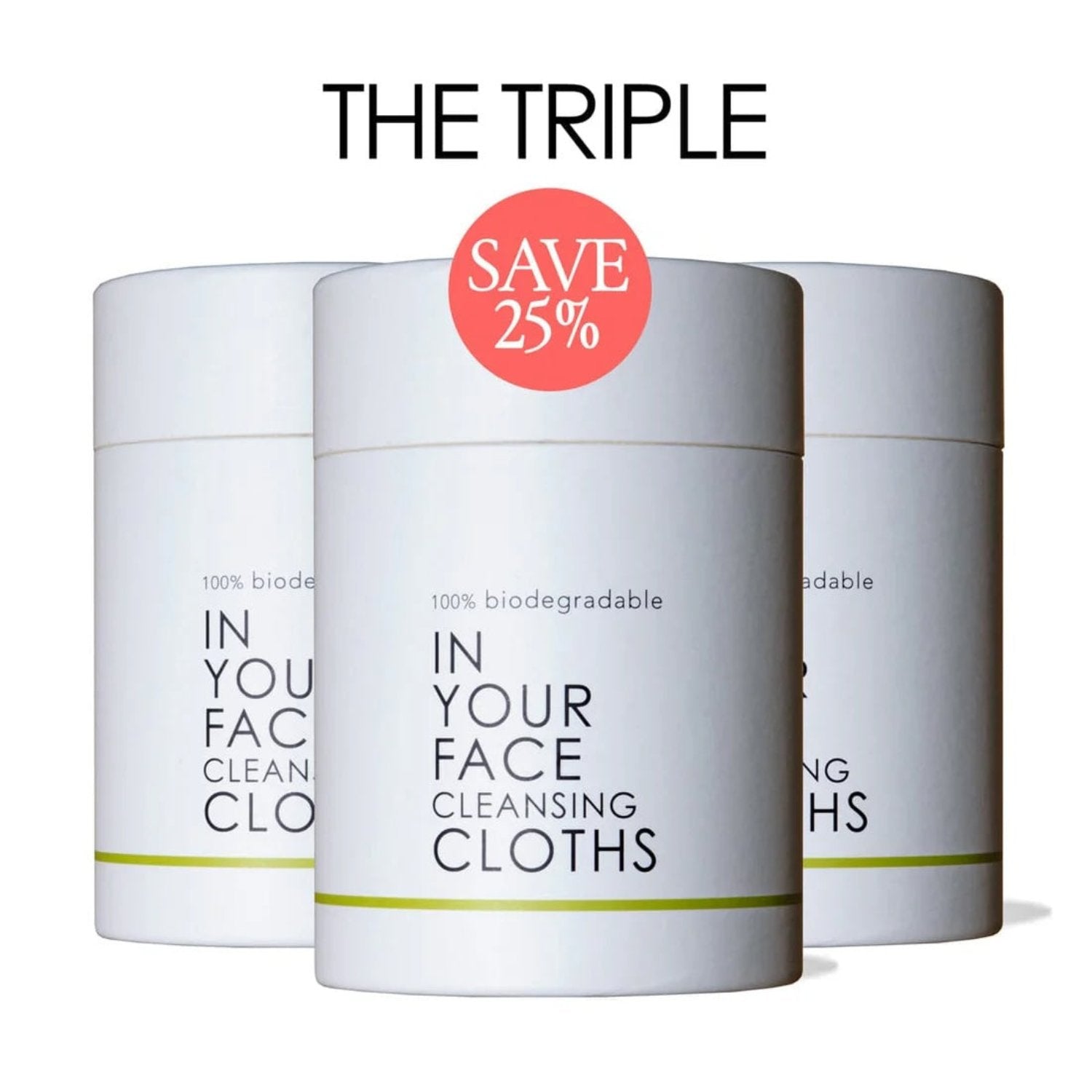 Set of three In Your Face Cleansing Cloths packs with a ‘Save 25%’ badge, showcasing an eco-conscious bundle offer for sustainable cleansing.