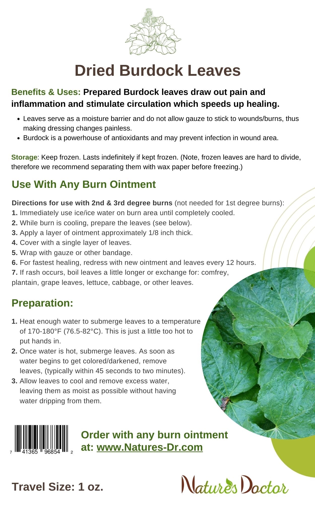Nature's Doctor Dried Burdock Leaves packaging with text and leaf illustration - 1oz