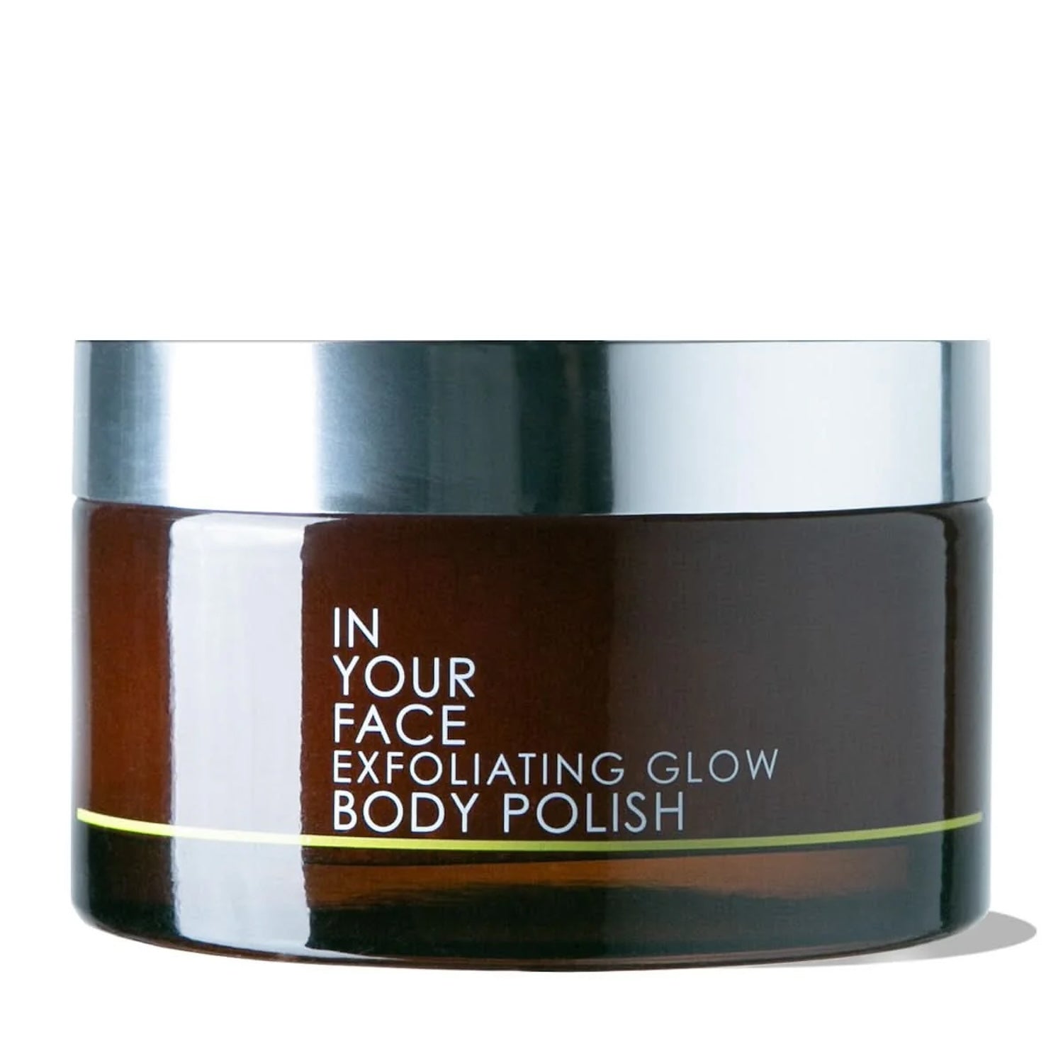 Amber jar of In Your Face Exfoliating Glow Body Polish, a luxurious AHA-powered scrub designed to gently exfoliate and nourish for glowing skin.