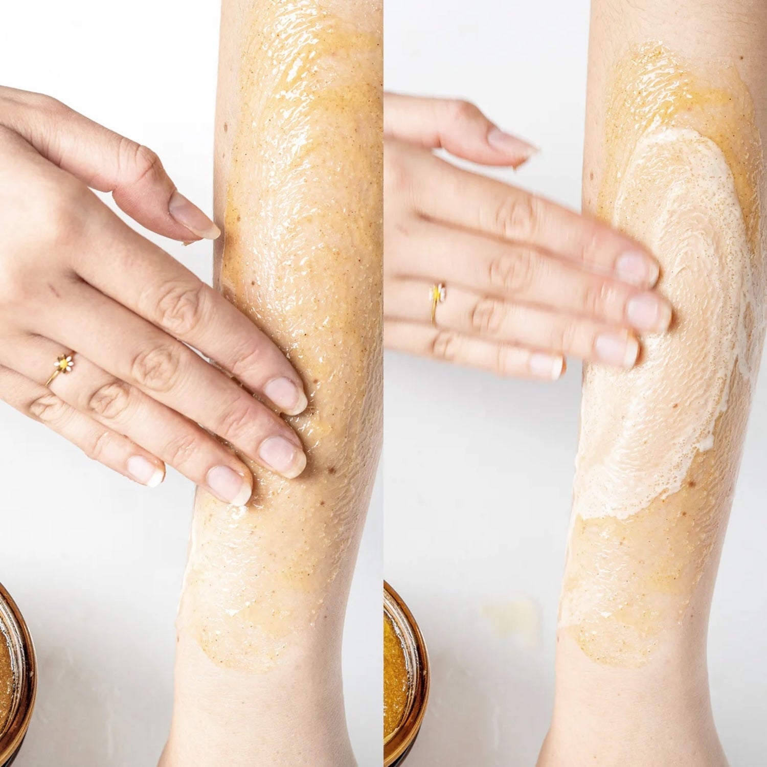 Side-by-side application of In Your Face Exfoliating Glow Body Polish on an arm, showing the scrub’s exfoliating and nourishing effects on the skin.