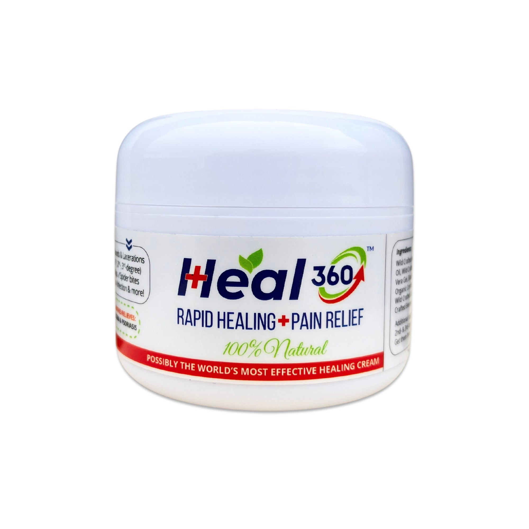 Heal 360 Rapid Healing + Pain Relief cream in 1 oz container, made with natural ingredients for effective healing of cuts, burns, and skin irritation.