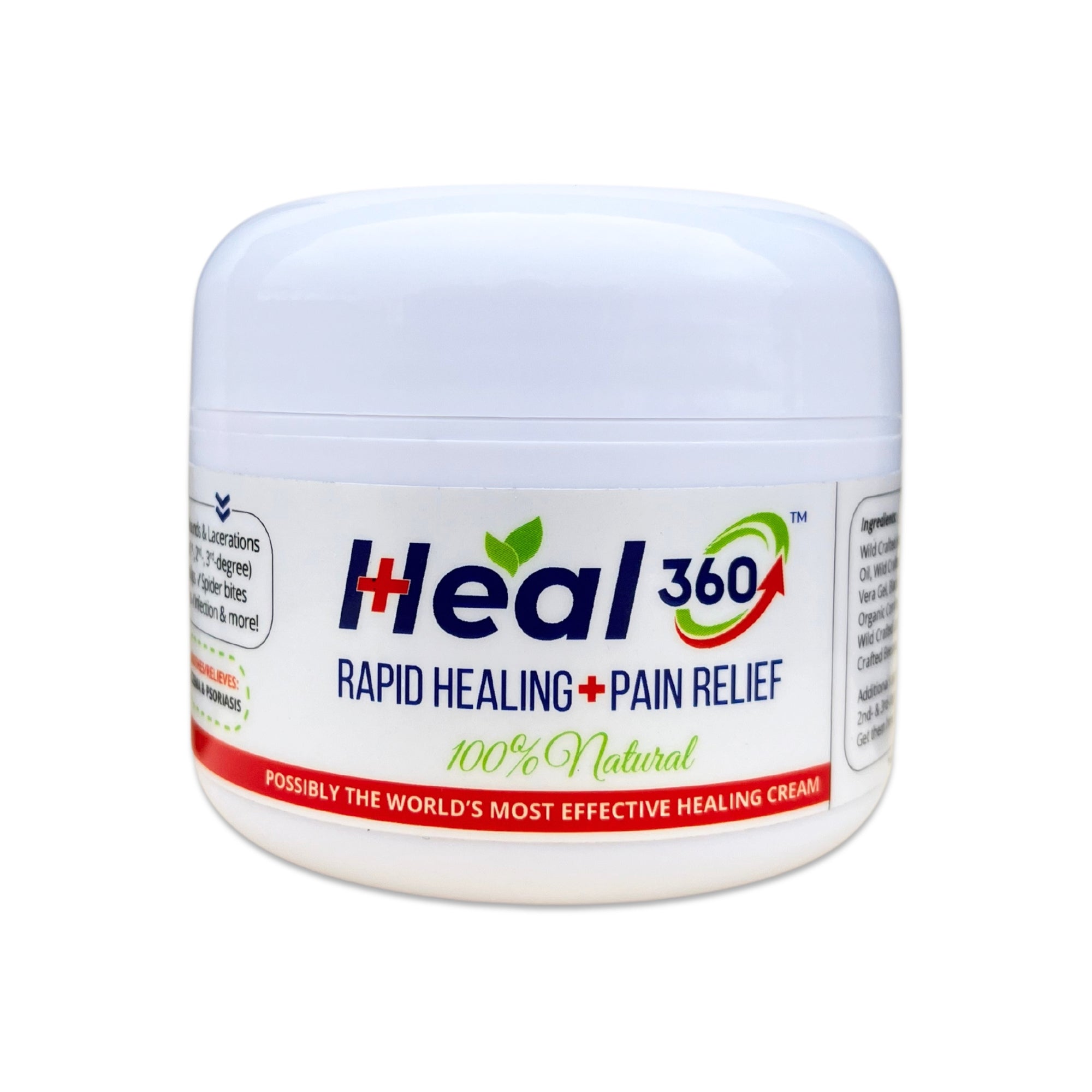 Heal 360 Rapid Healing + Pain Relief cream in 2 oz container, made with natural ingredients for effective healing of cuts, burns, and skin irritation.