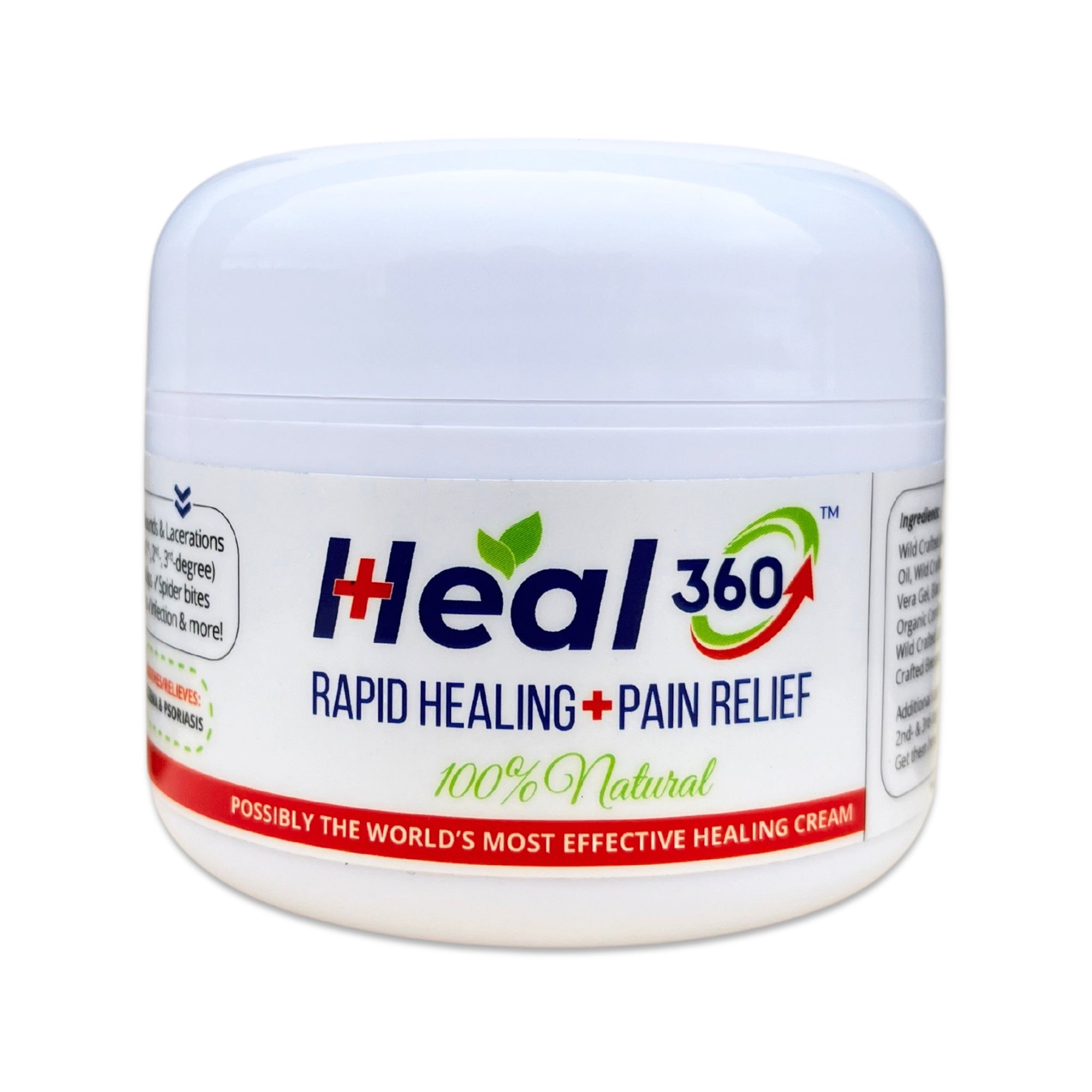 Heal 360 Rapid Healing + Pain Relief cream in 3.5 oz container, made with natural ingredients for effective healing of cuts, burns, and skin irritation.