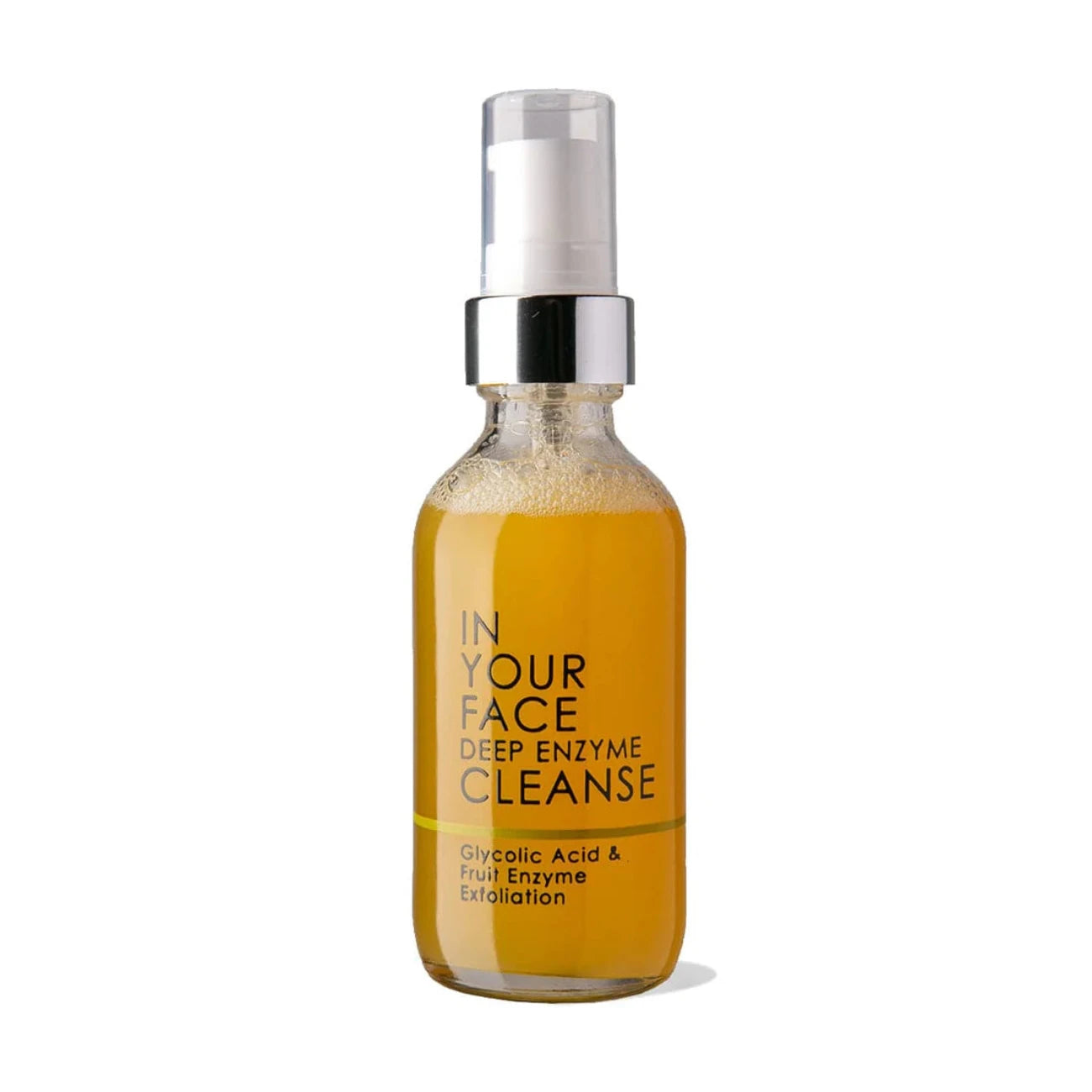 Glass bottle of "In Your Face Deep Enzyme Cleanse" featuring glycolic acid and fruit enzyme exfoliation for deep cleansing.