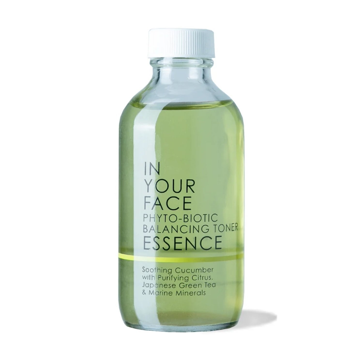 Glass bottle of In Your Face Phyto-Biotic Balancing Toner Essence featuring soothing cucumber, purifying citrus, Japanese green tea, and marine minerals, ideal for restoring hydration and balancing skin’s microbiome.