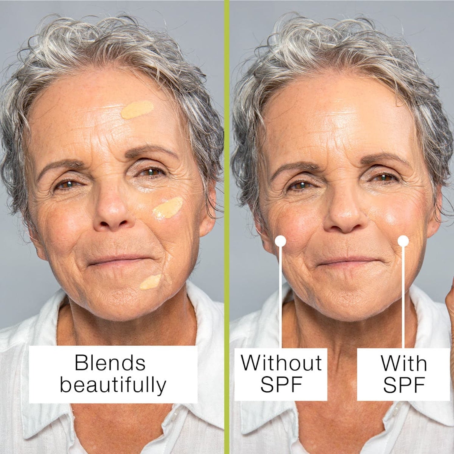 Side-by-side comparison of a woman’s face before and after applying In Your Face Mineral Tint SPF 31, highlighting its natural blending and sun-protective benefits.