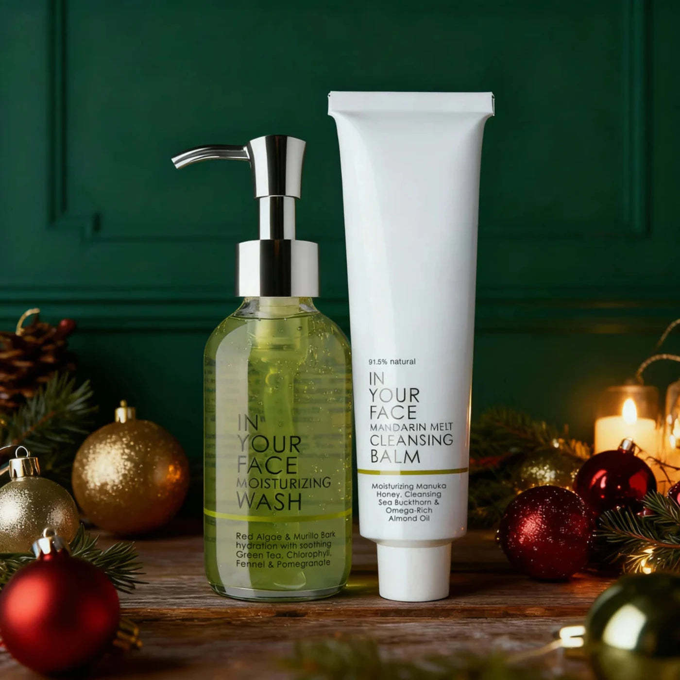 Two skincare products, a bottle and a tube, on a wooden surface with festive decorations in the background.