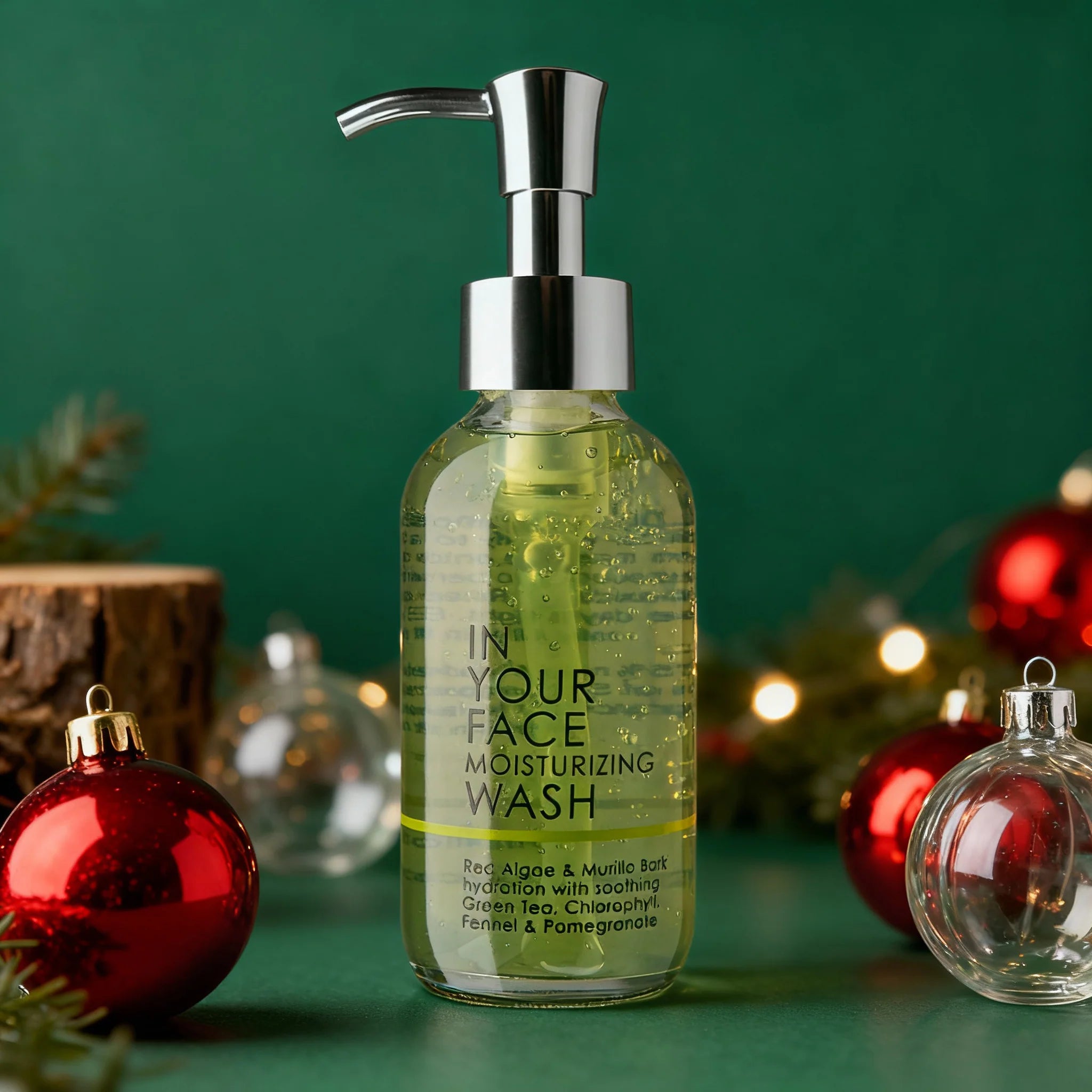 Bottle of 'In Your Face' moisturizing wash with Christmas ornaments on a green background