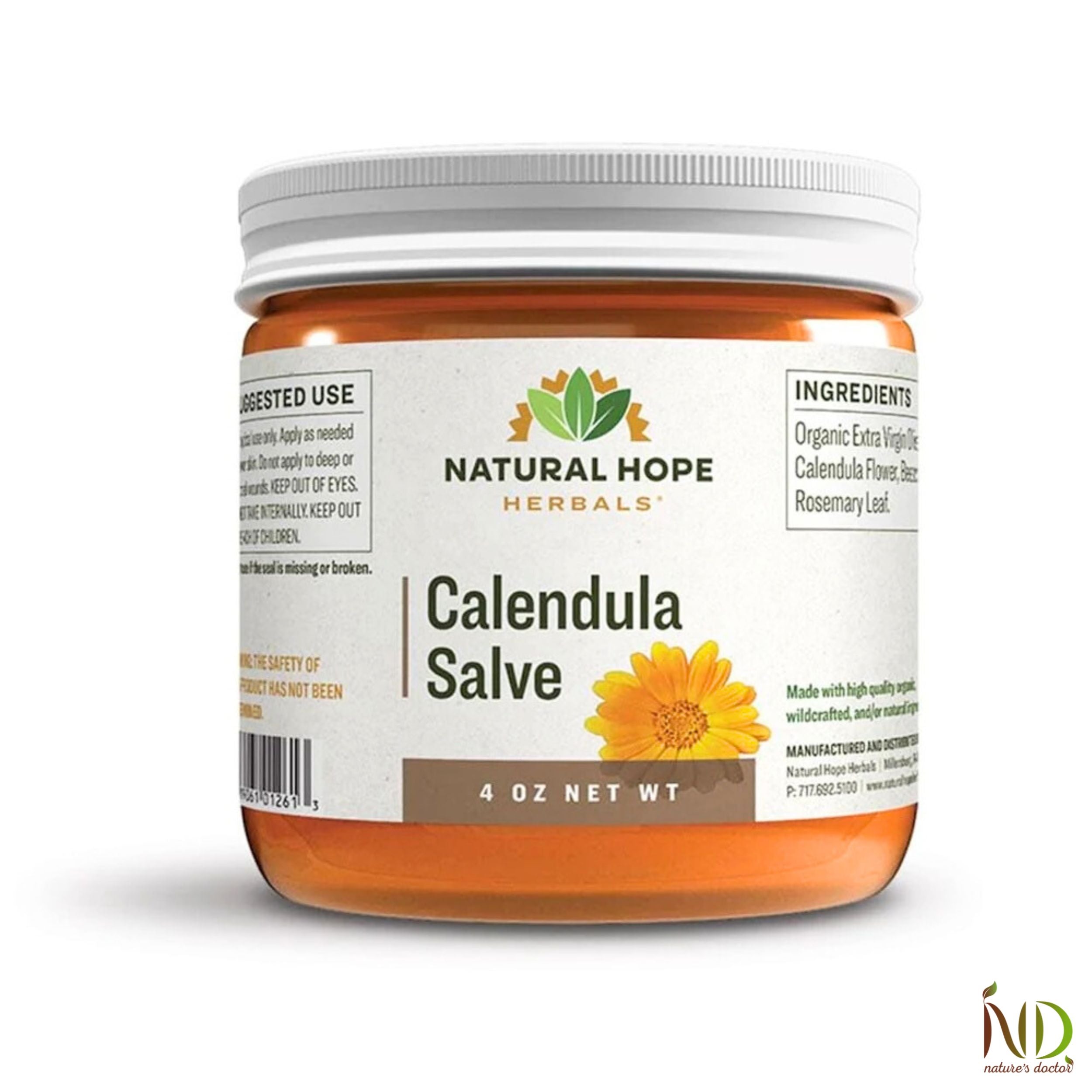 Natural Hope Herbals Calendula Salve in 4 oz jar, made with organic calendula flowers and beeswax for soothing skin relief and healing.