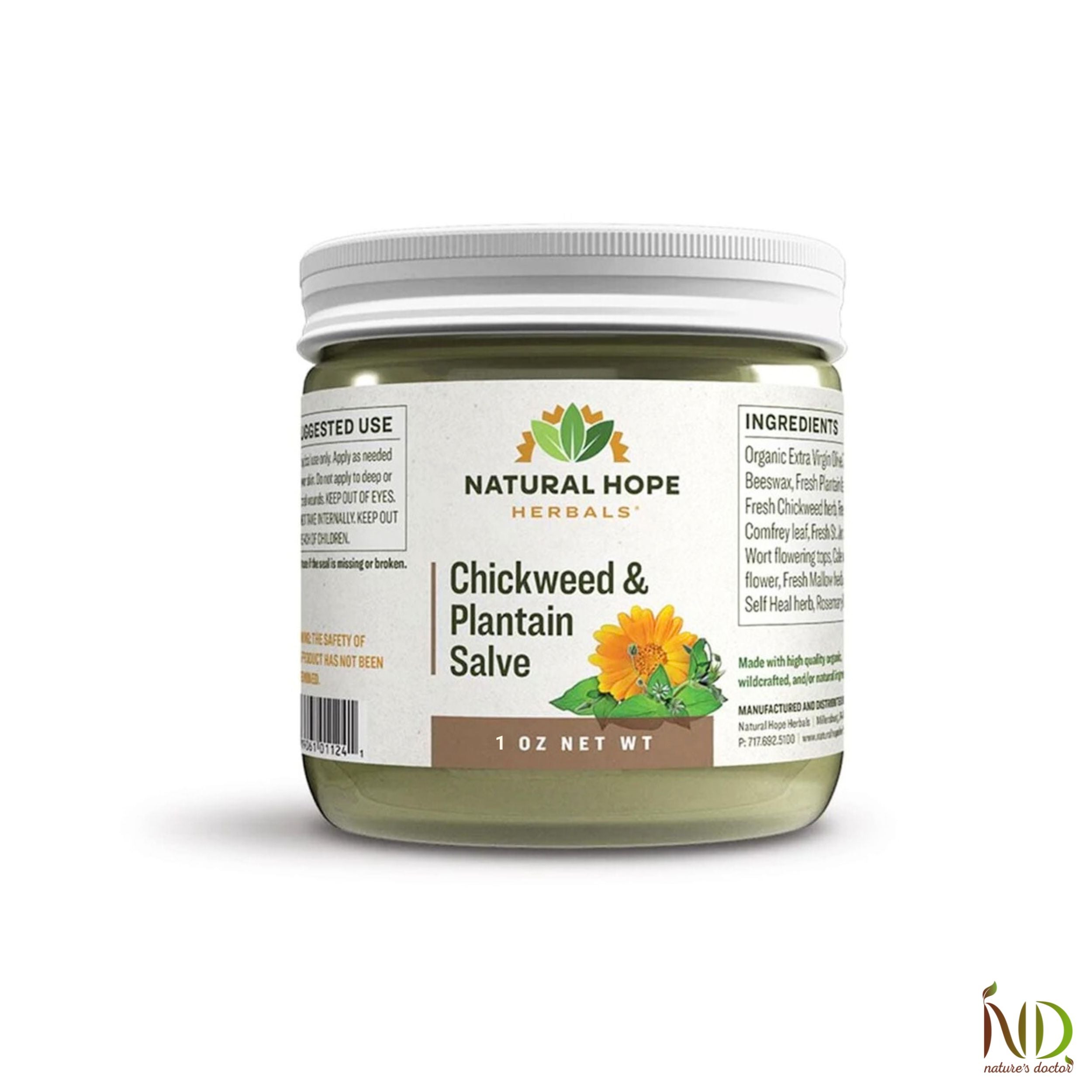 Natural Hope Herbals Chickweed & Plantain Salve in 1 oz jar, formulated with organic ingredients for soothing skin relief and natural healing.