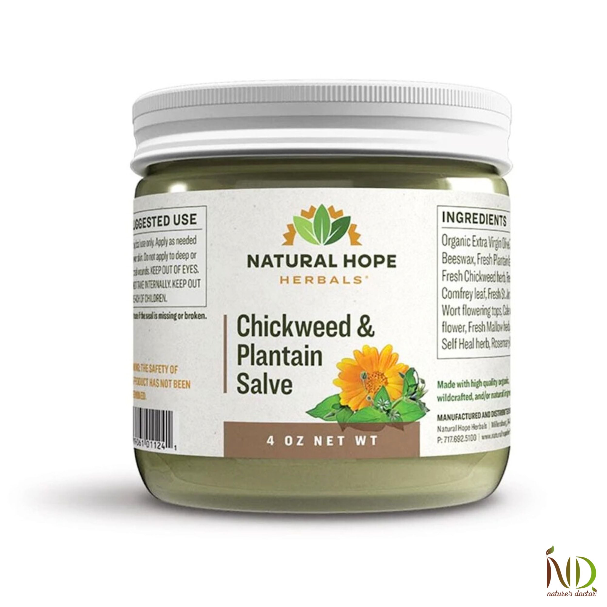 Natural Hope Herbals Chickweed & Plantain Salve in 4 oz jar, formulated with organic ingredients for soothing skin relief and natural healing.