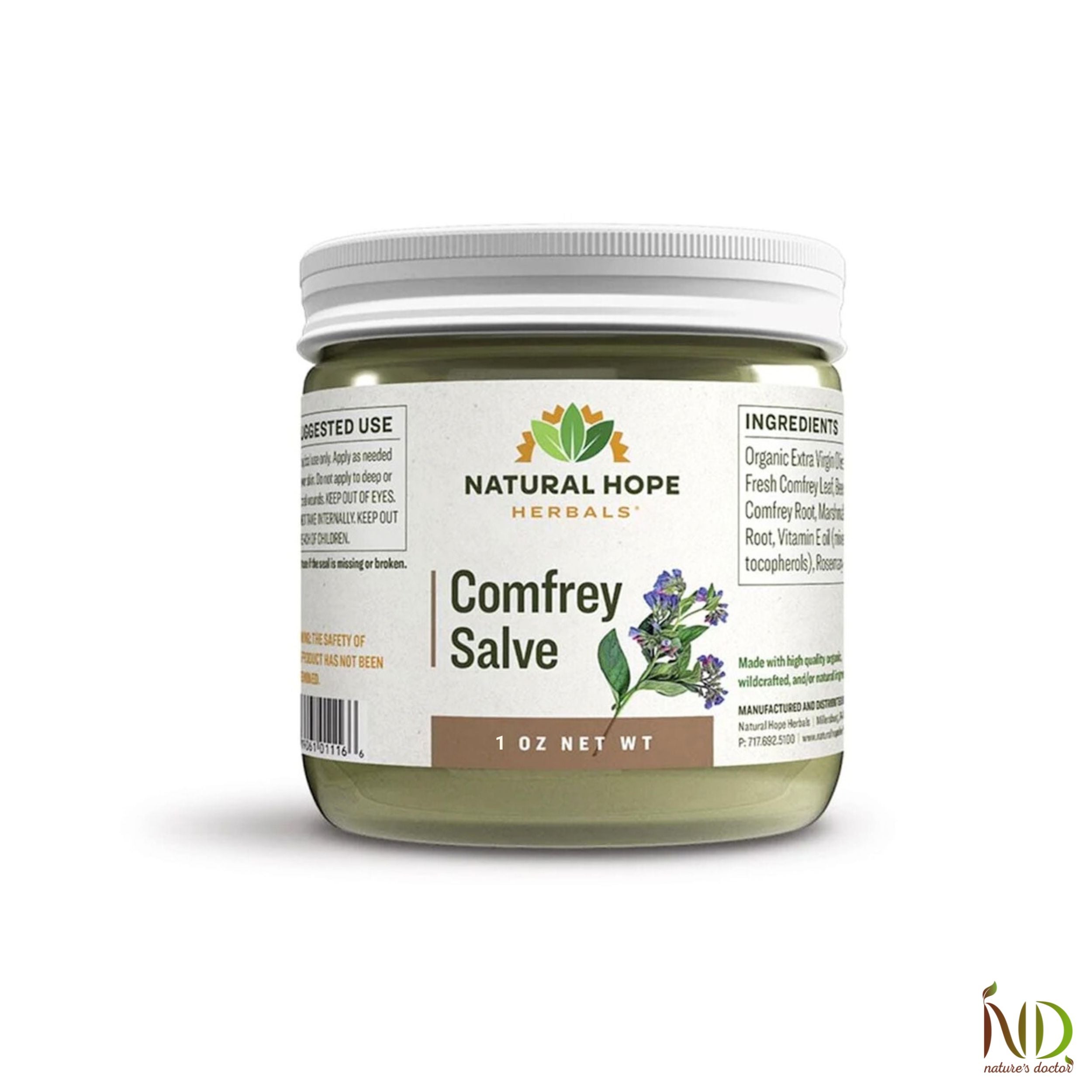 Natural Hope Herbals Comfrey Salve in 4 oz jar, made with organic comfrey for soothing skin relief and promoting natural healing.