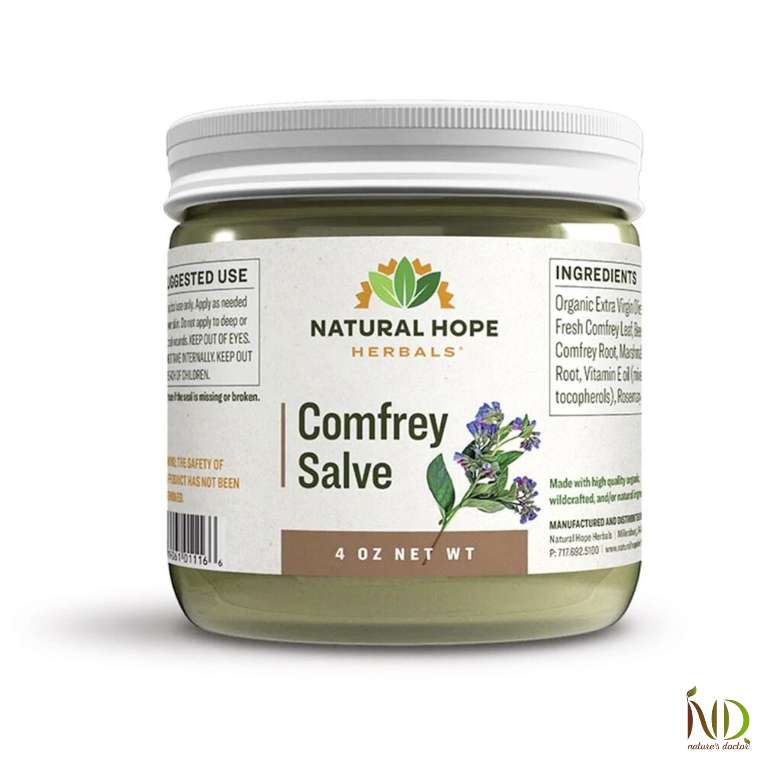 Natural Hope Herbals Comfrey Salve in 4 oz jar, made with organic comfrey for soothing skin relief and promoting natural healing.