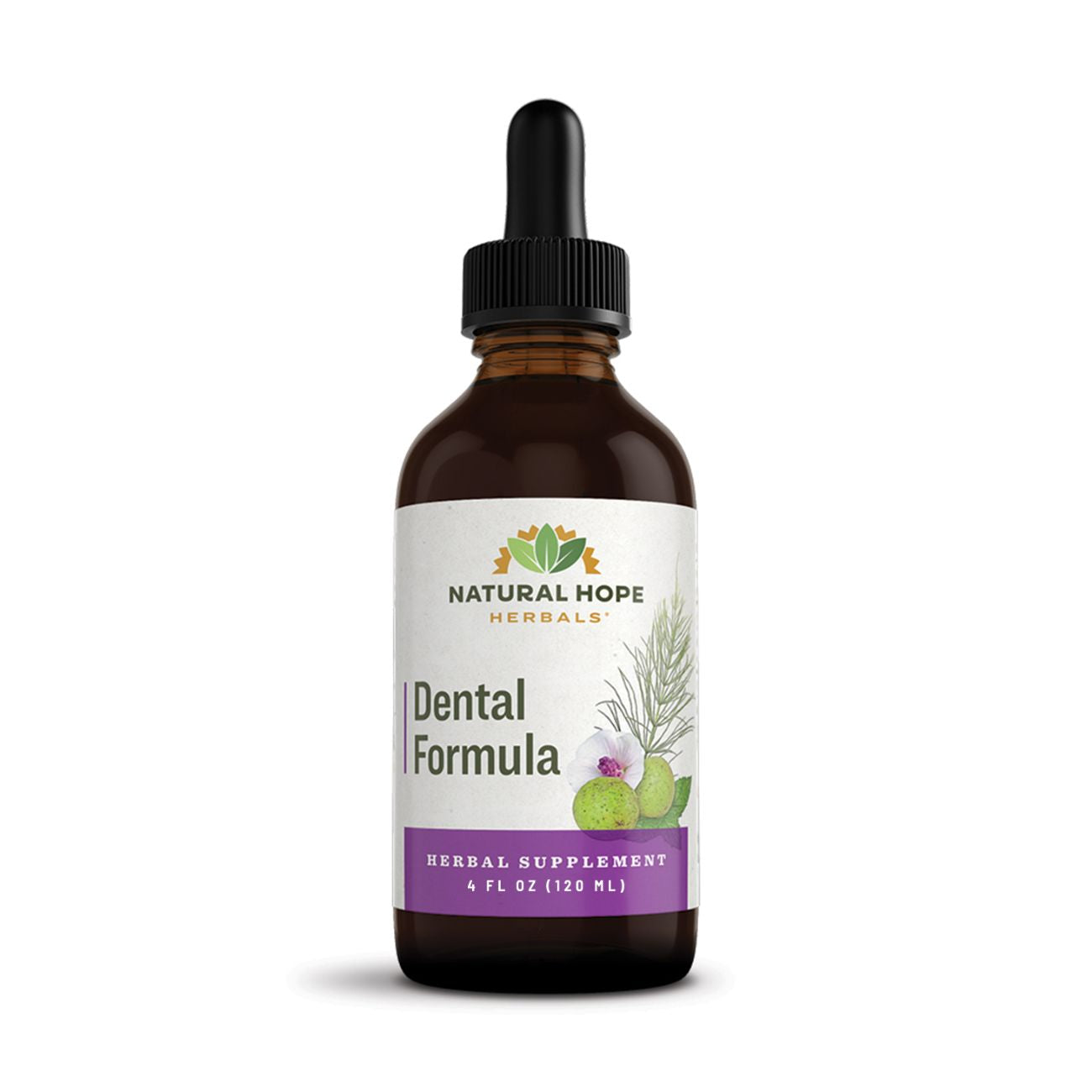 Natural Hope Herbals Dental Formula in 4 fl oz (120 ml) dropper bottle, designed as an herbal supplement for dental health and support.