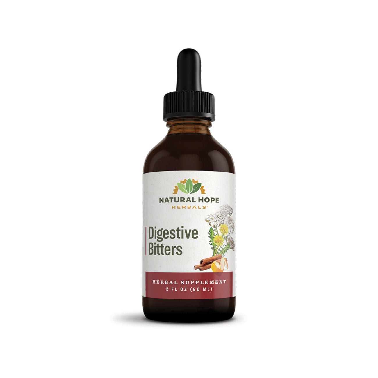 Natural Hope Herbals Digestive Bitters in 2 fl oz (60 ml) dropper bottle, formulated as an herbal supplement to support digestive health.