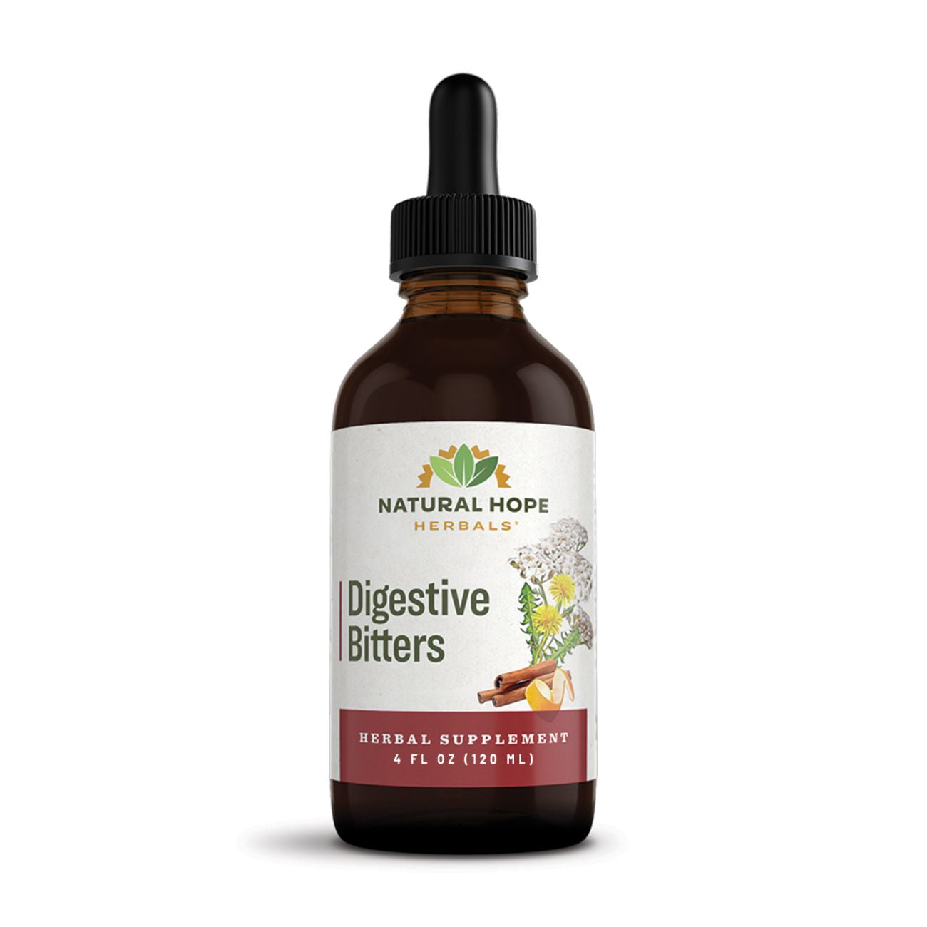 Natural Hope Herbals Digestive Bitters in 4 fl oz (120 ml) dropper bottle, formulated as an herbal supplement to support digestive health.