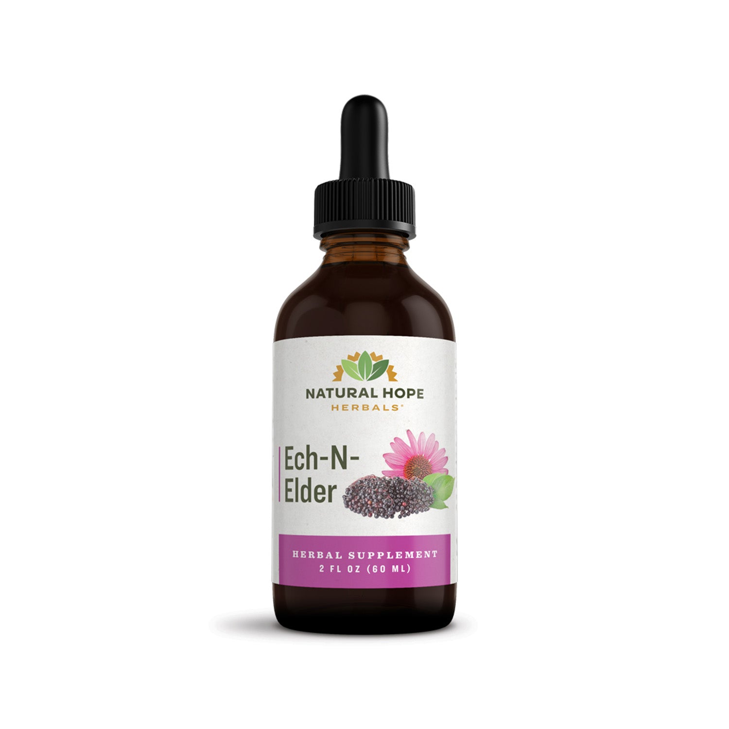 Natural Hope Herbals Ech-N-Elder herbal supplement in 2 fl oz (60 ml) dropper bottle, formulated with echinacea and elderberry for immune support.