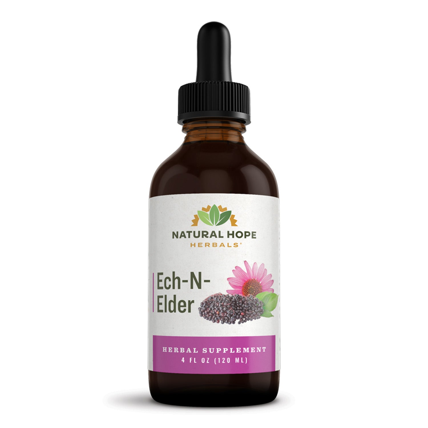 Natural Hope Herbals Ech-N-Elder herbal supplement in 4 fl oz (120 ml) dropper bottle, formulated with echinacea and elderberry for immune support.