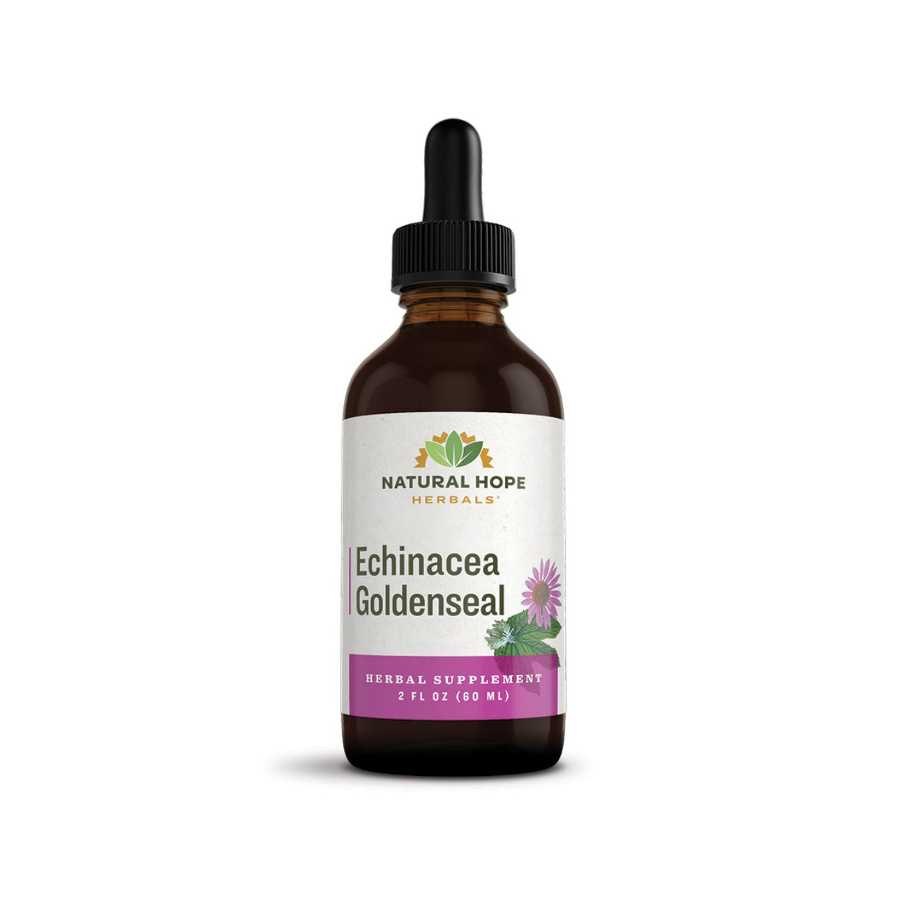 Natural Hope Herbals Echinacea Goldenseal herbal supplement in 2 fl oz (60 ml) dropper bottle, combining echinacea and goldenseal for immune system support.