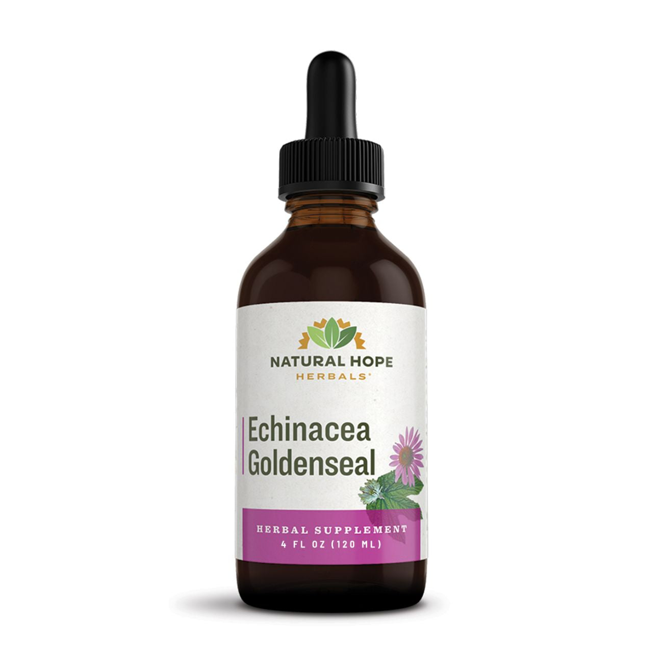 Natural Hope Herbals Echinacea Goldenseal herbal supplement in 4 fl oz (120 ml) dropper bottle, combining echinacea and goldenseal for immune system support.